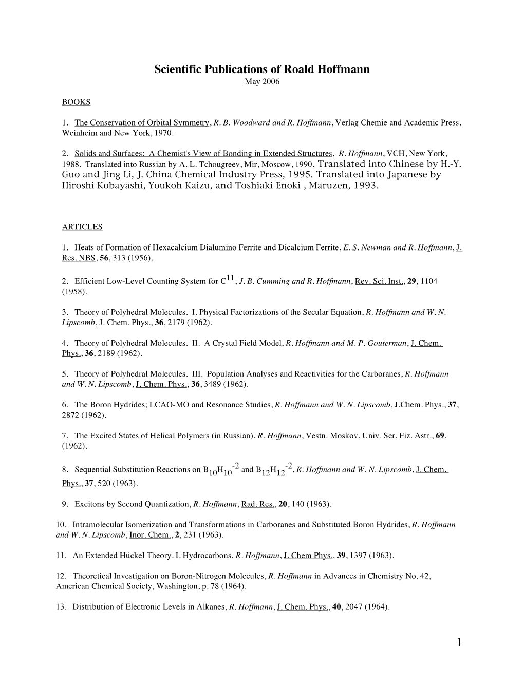 Scientific Publications of Roald Hoffmann May 2006