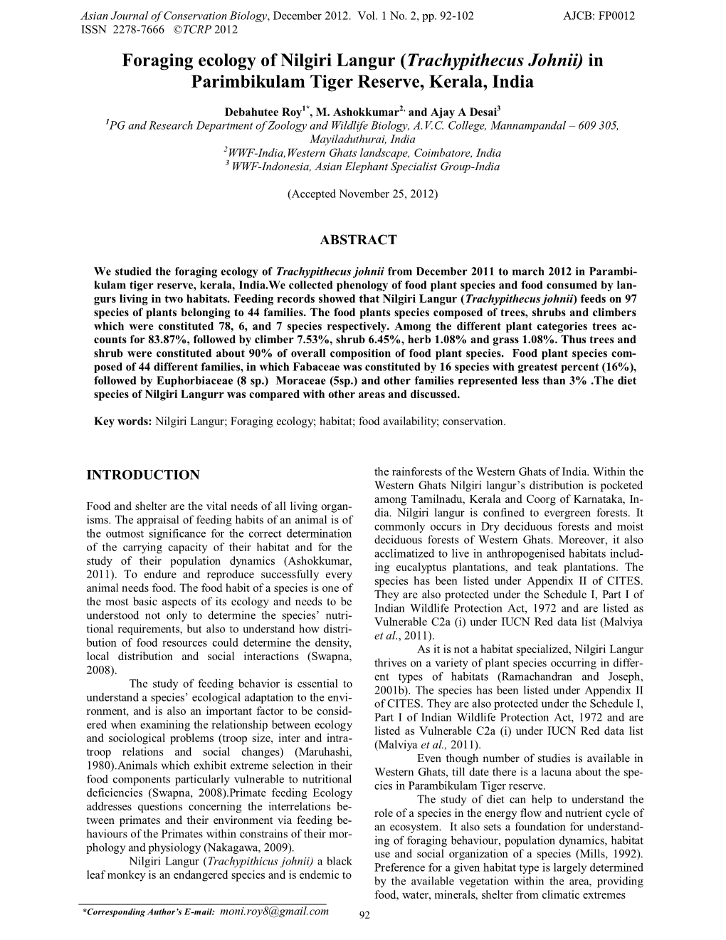 Foraging Ecology of Nilgiri Langur (Trachypithecus Johnii) in Parimbikulam Tiger Reserve, Kerala, India