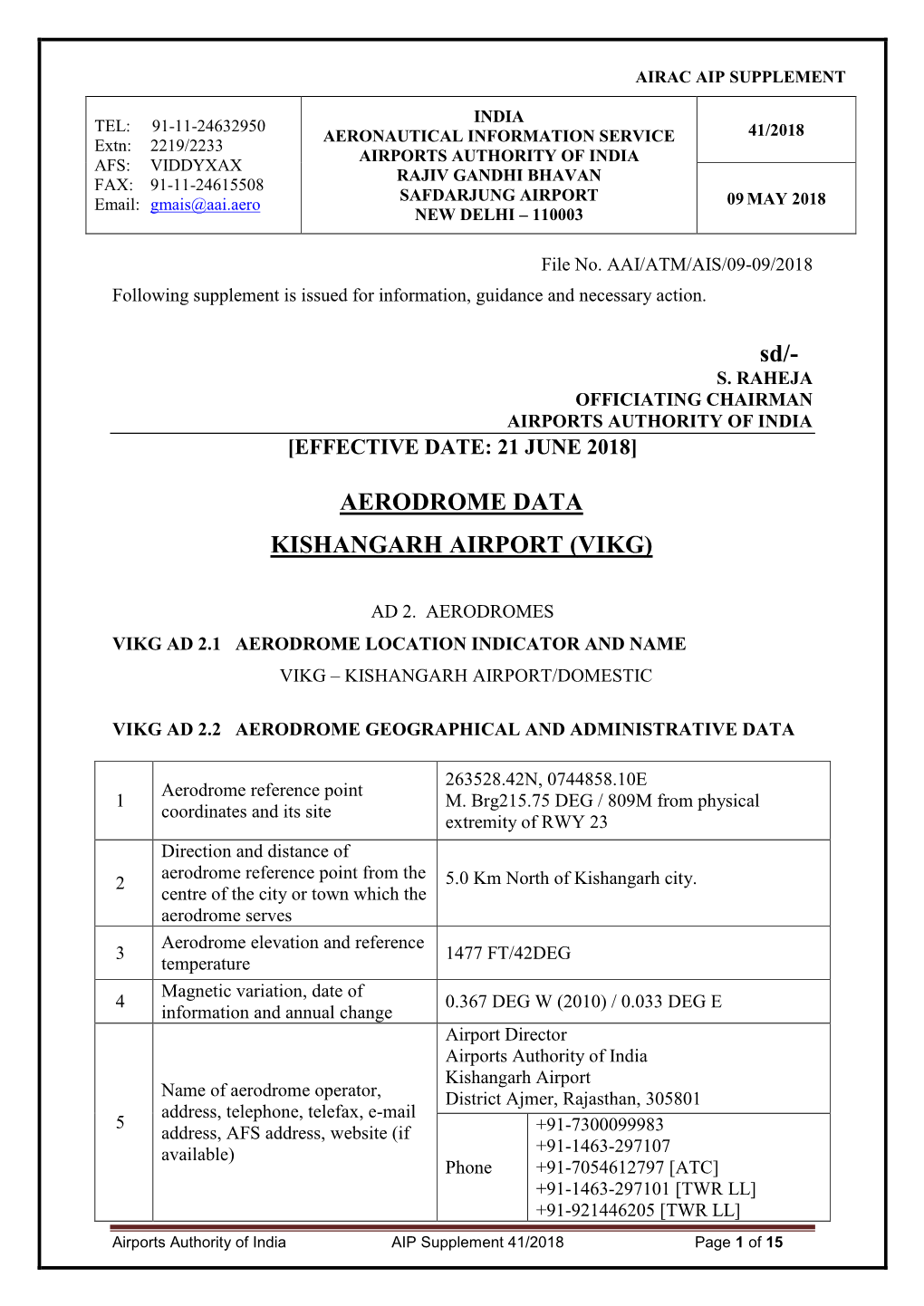 Aerodrome Data Kishangarh Airport (Vikg)