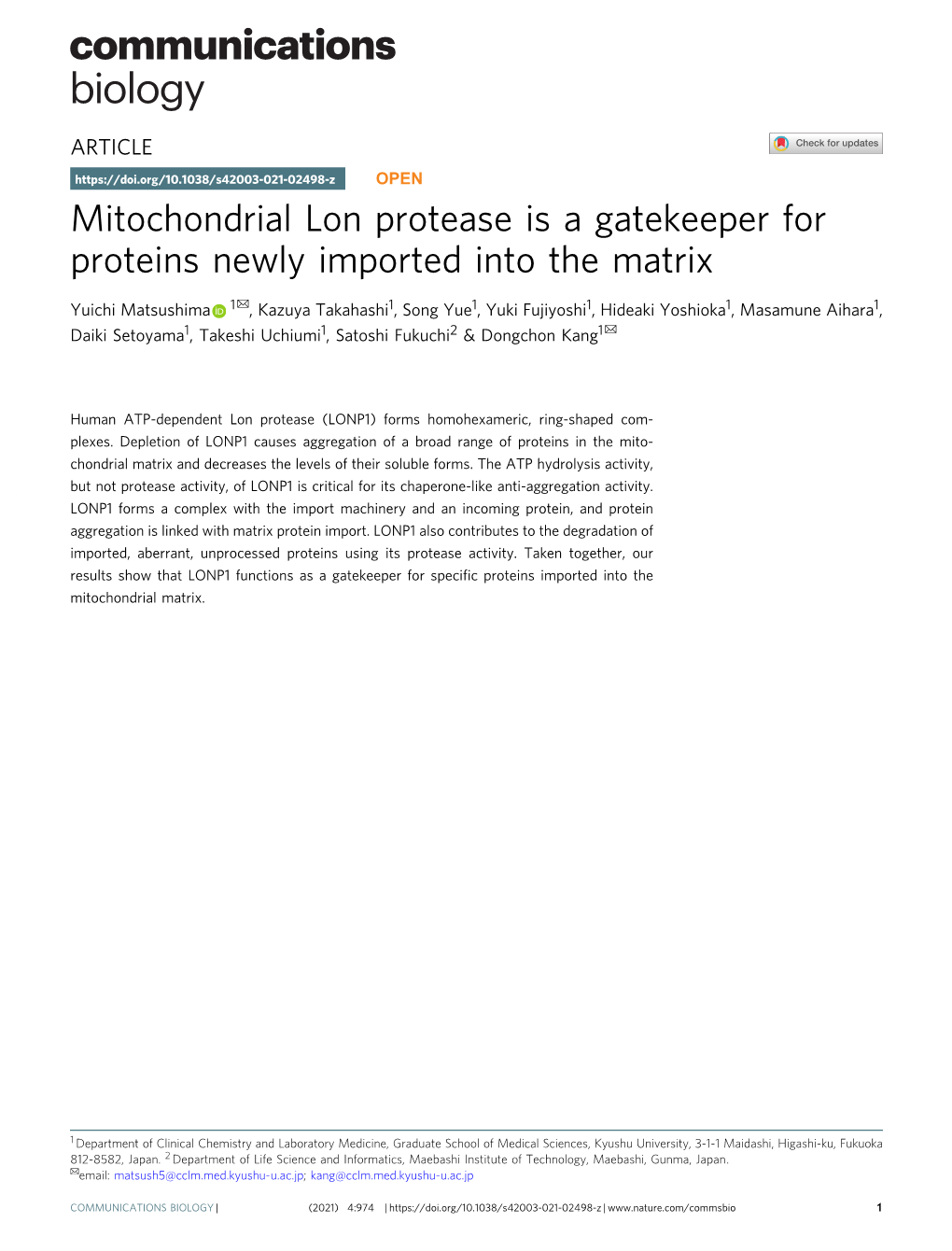 Mitochondrial Lon Protease Is a Gatekeeper for Proteins Newly