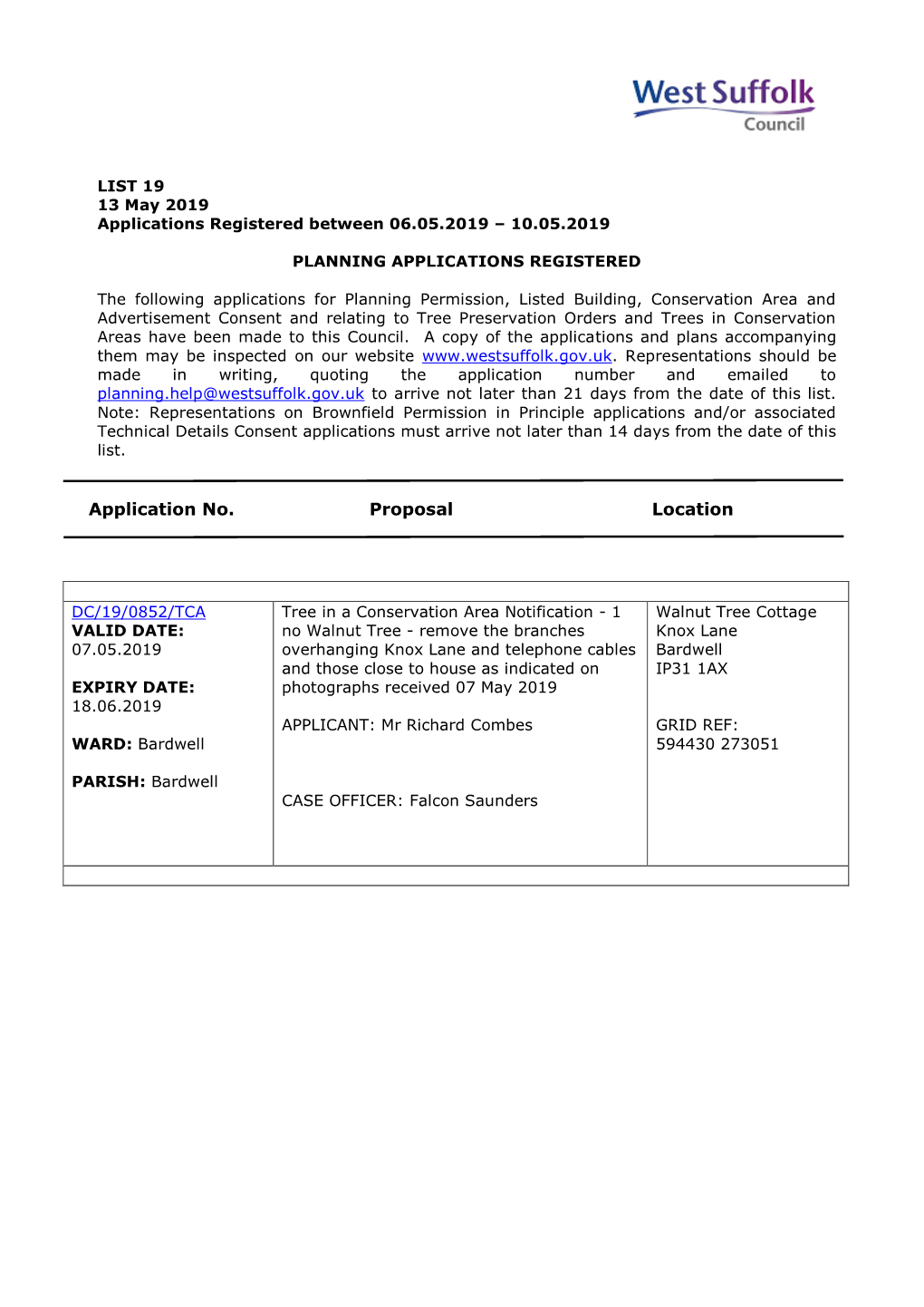 WSC Planning Applications 19/19