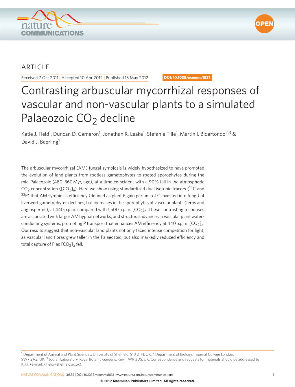 Contrasting Arbuscular Mycorrhizal Responses of Vascular and Non-Vascular Plants to a Simulated Palaeozoic CO2 Decline Katie J