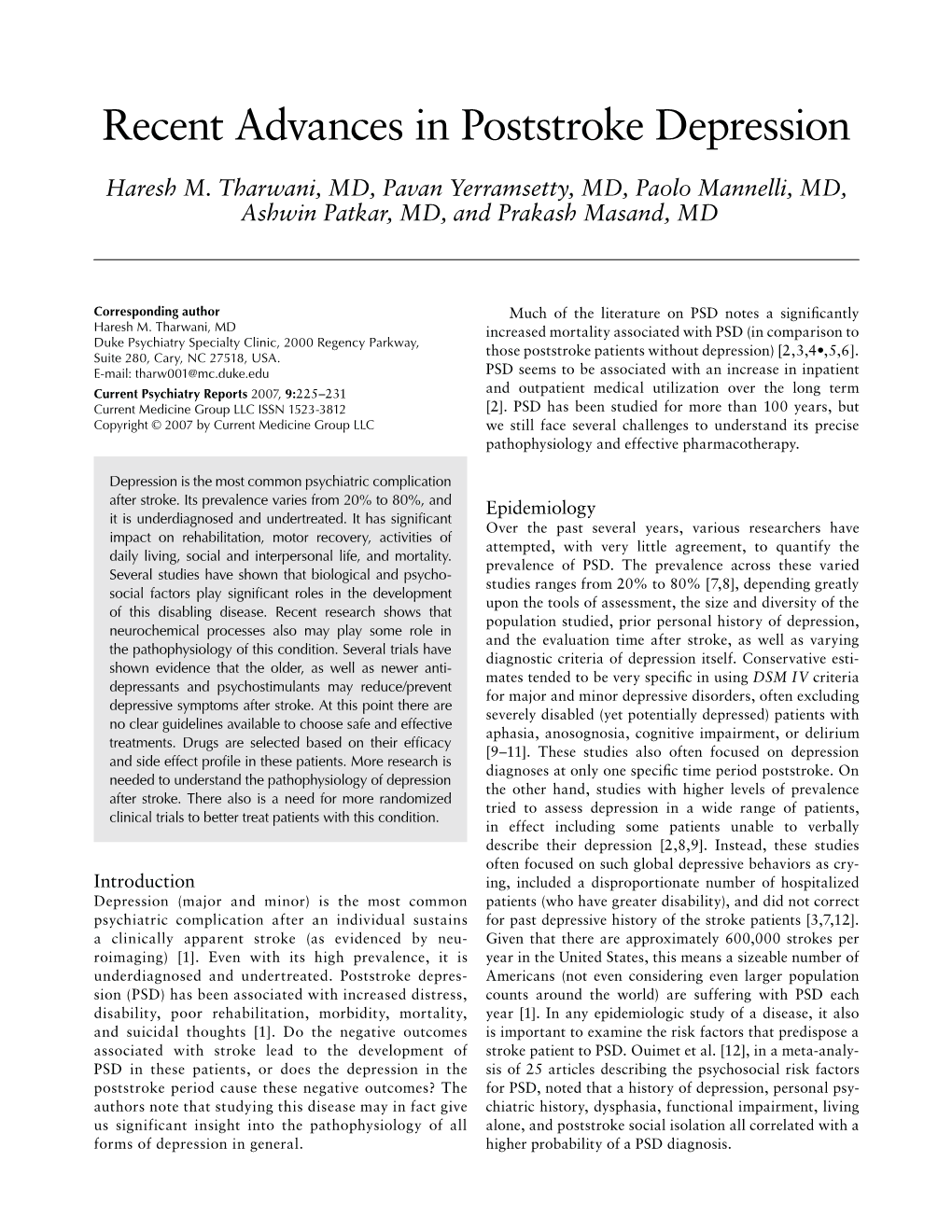 Recent Advances in Poststroke Depression