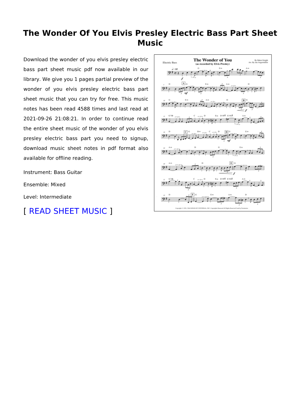 The Wonder of You Elvis Presley Electric Bass Part Sheet Music