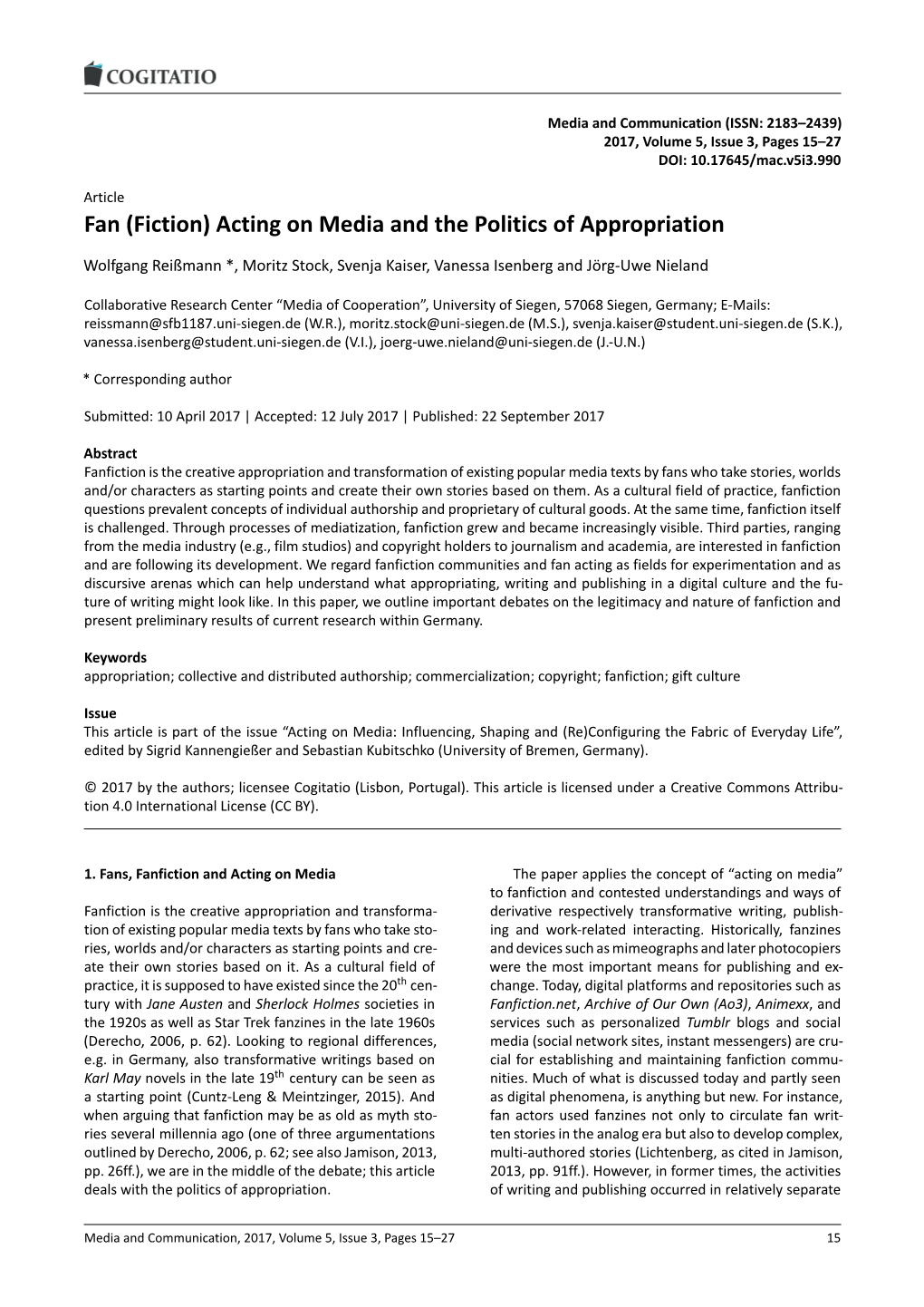 Fan (Fiction) Acting on Media and the Politics of Appropriation