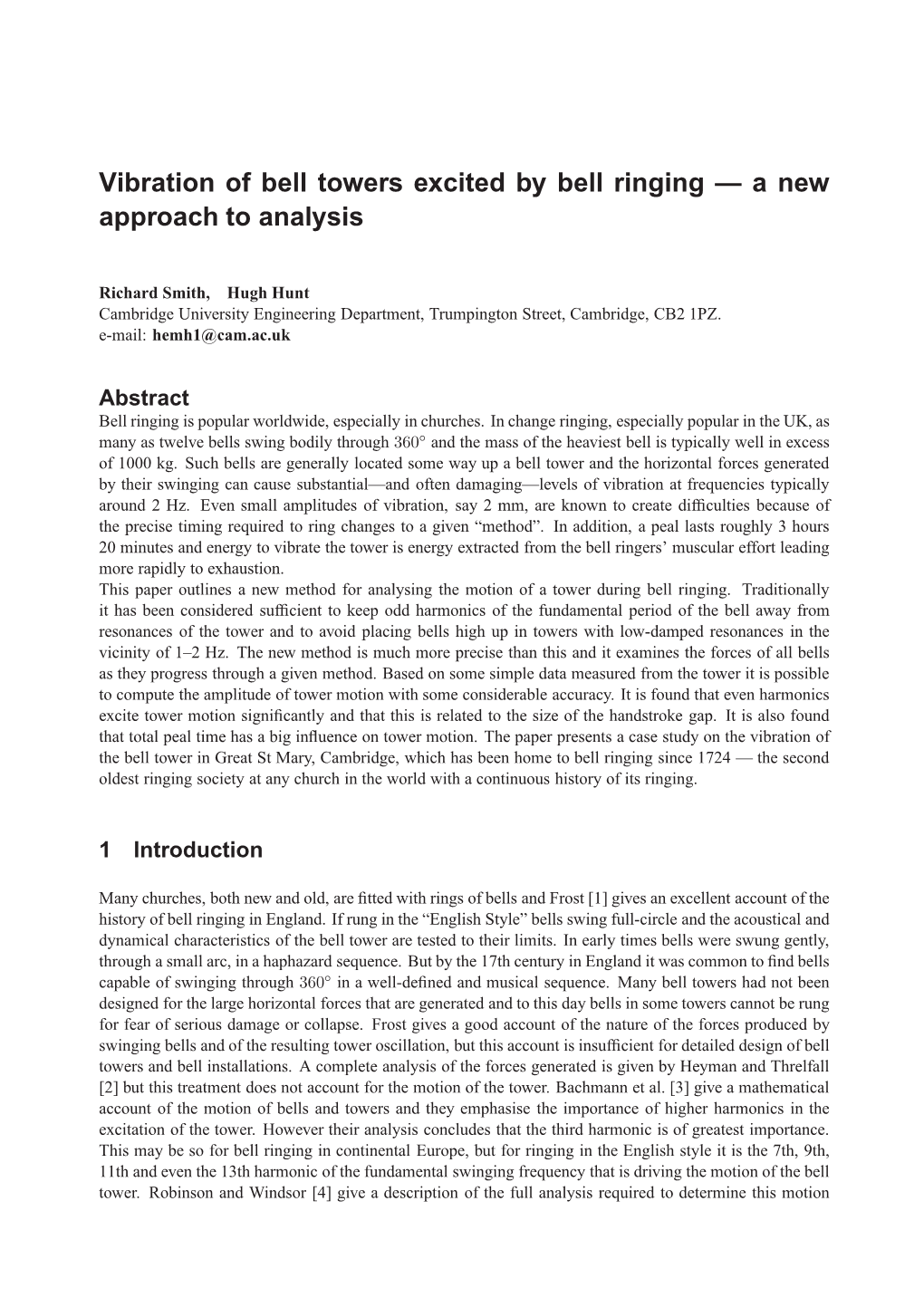 Vibration of Bell Towers Excited by Bell Ringing — a New Approach to Analysis