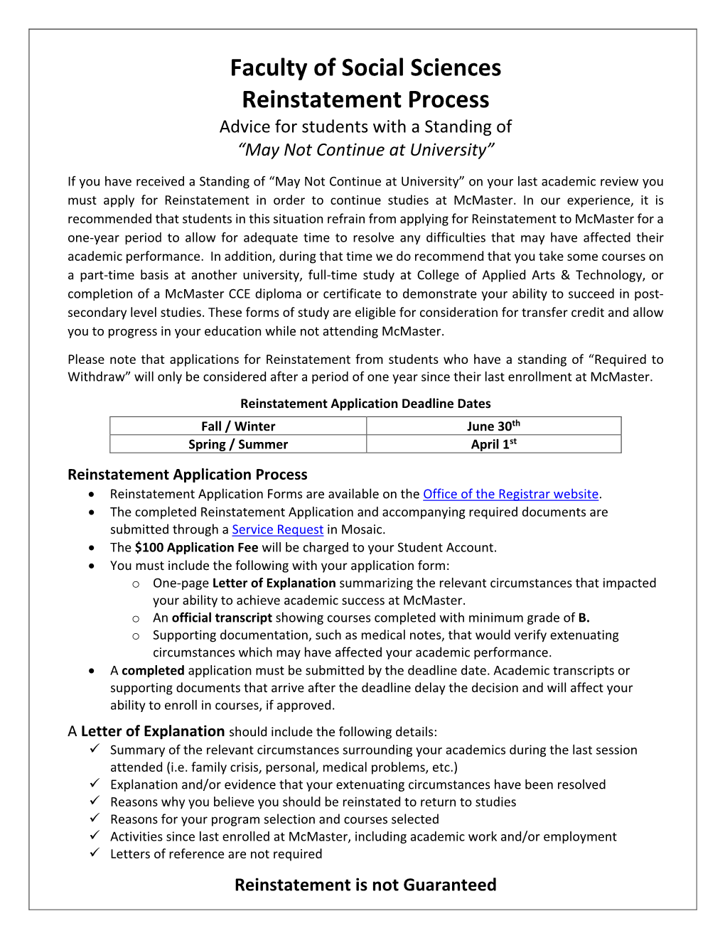 Faculty of Social Sciences Reinstatement Process Advice for Students with a Standing of “May Not Continue at University”