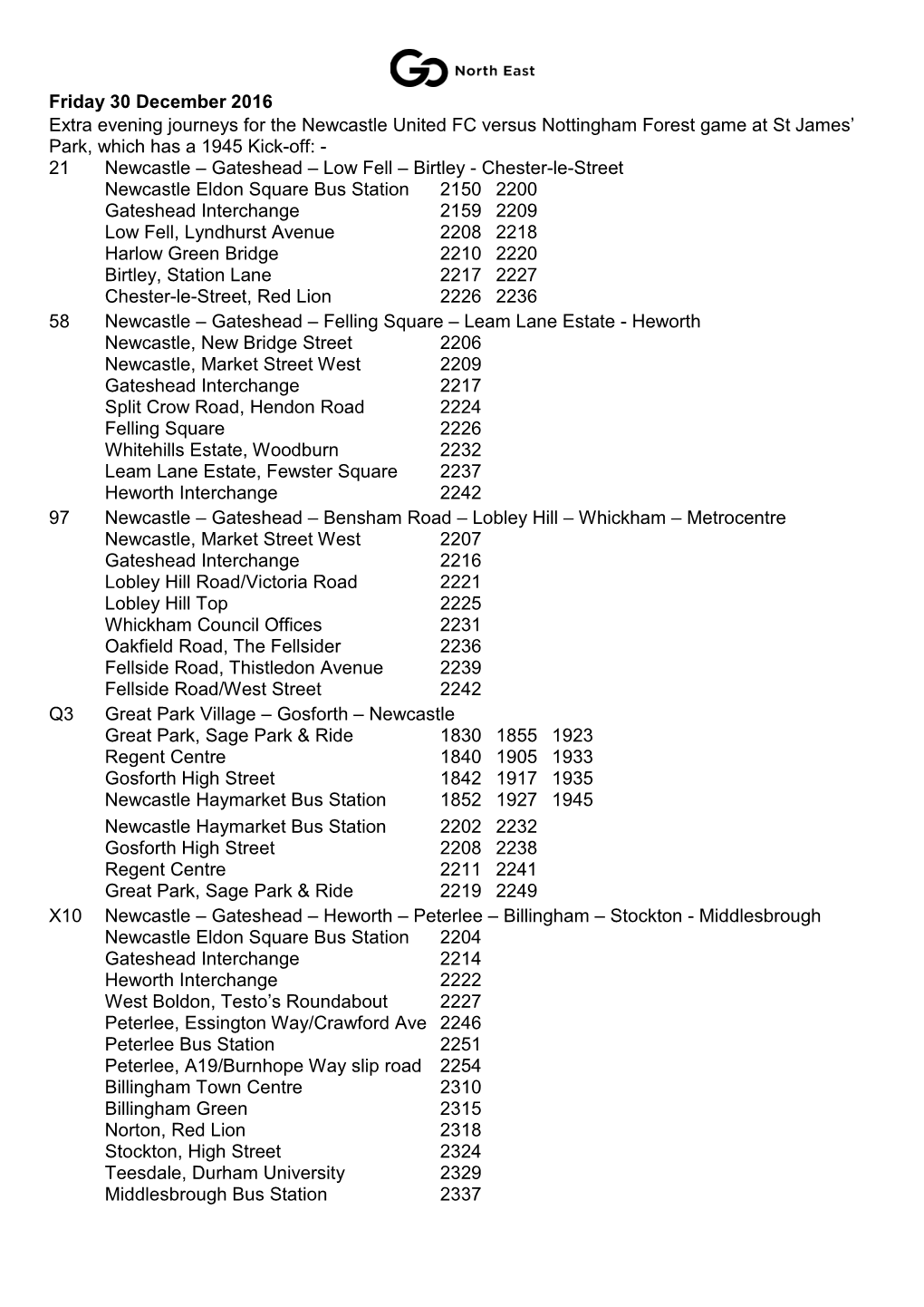 Bus Services for the Christmas 2014 and New Year 2015 Holiday Period