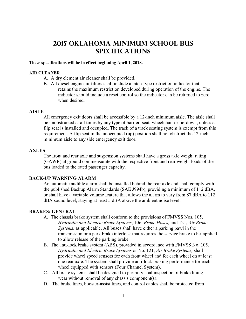 2015 Oklahoma Minimum School Bus Specifications