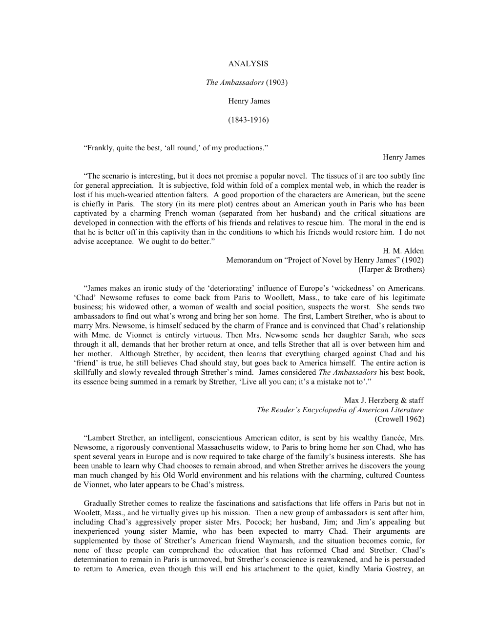 ANALYSIS the Ambassadors (1903) Henry James (1843-1916)