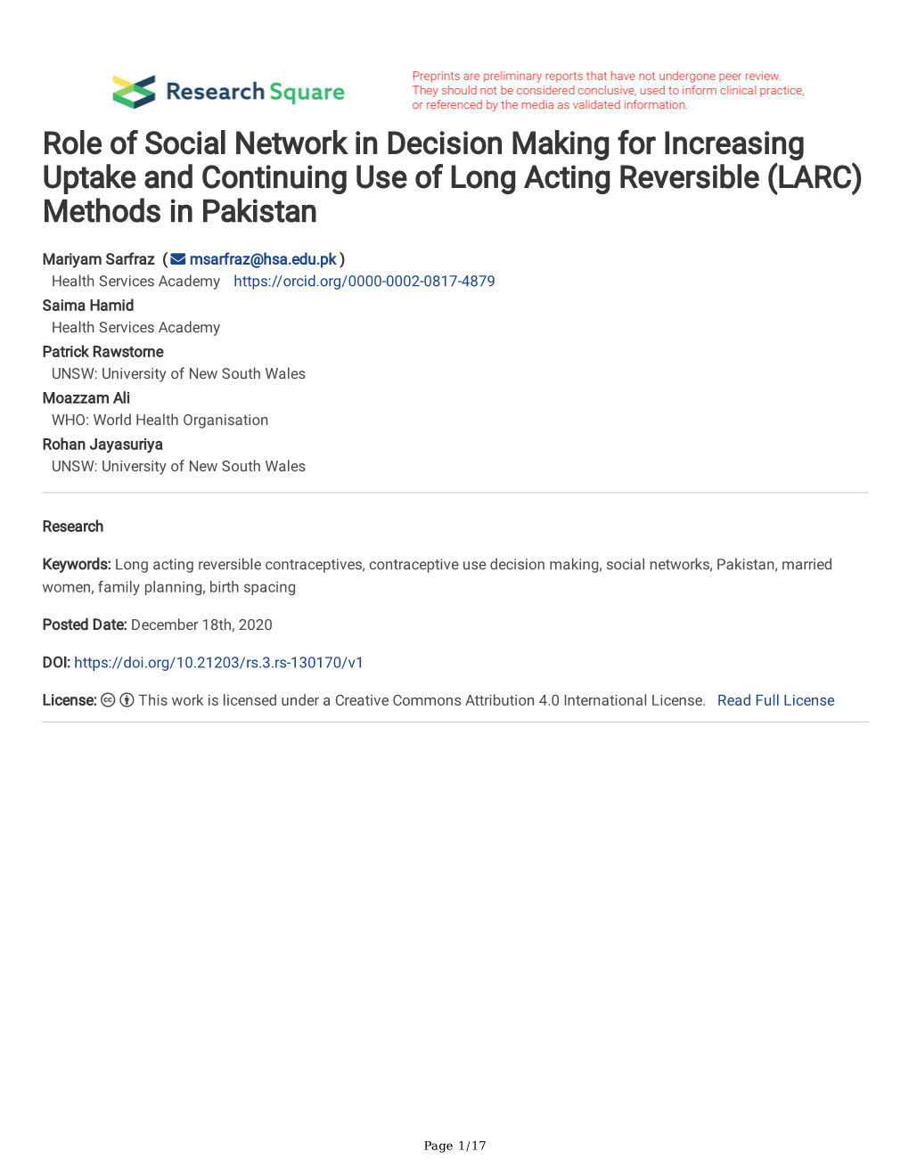 Role of Social Network in Decision Making for Increasing Uptake and Continuing Use of Long Acting Reversible (LARC) Methods in Pakistan