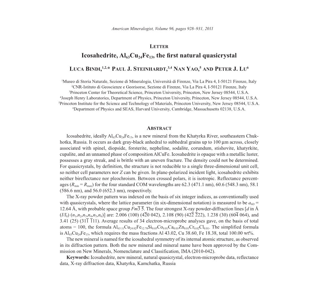 Icosahedrite, Al63cu24fe13, the First Natural Quasicrystal