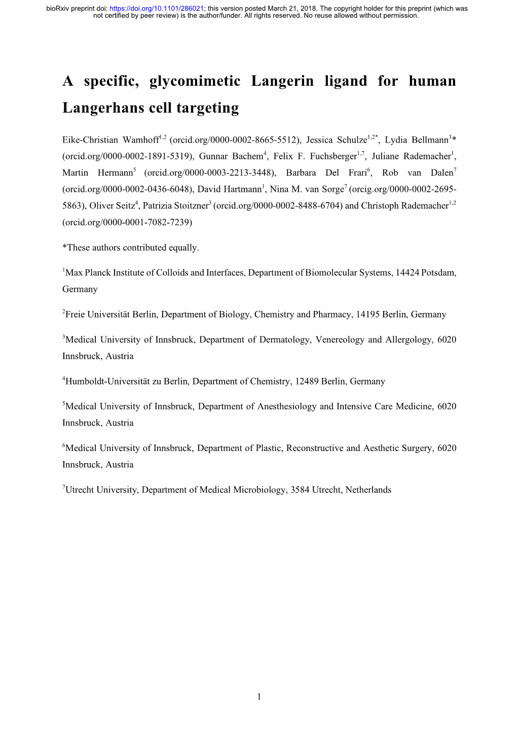 A Specific, Glycomimetic Langerin Ligand for Human Langerhans Cell Targeting