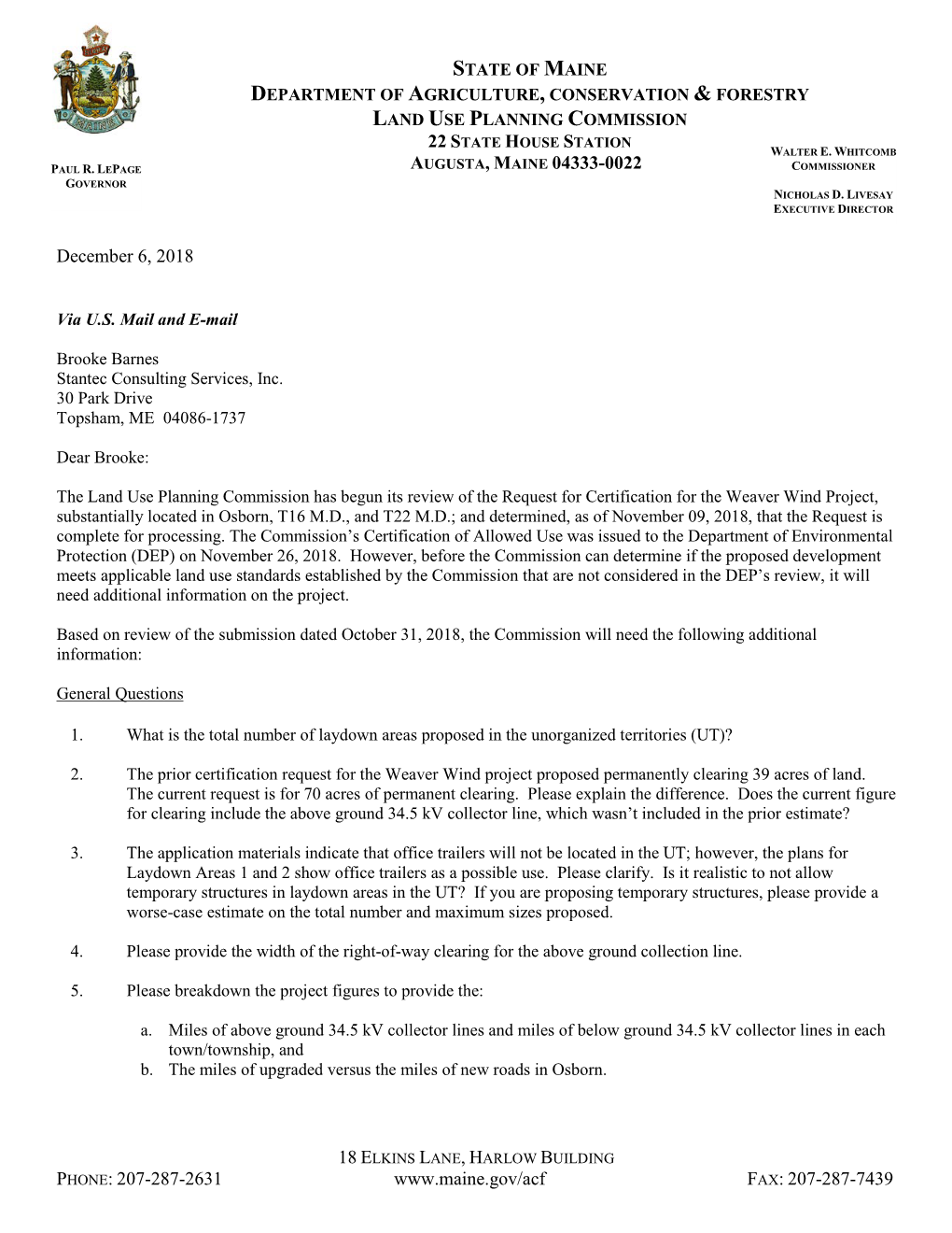 LUPC Letter Requesting Additional Information