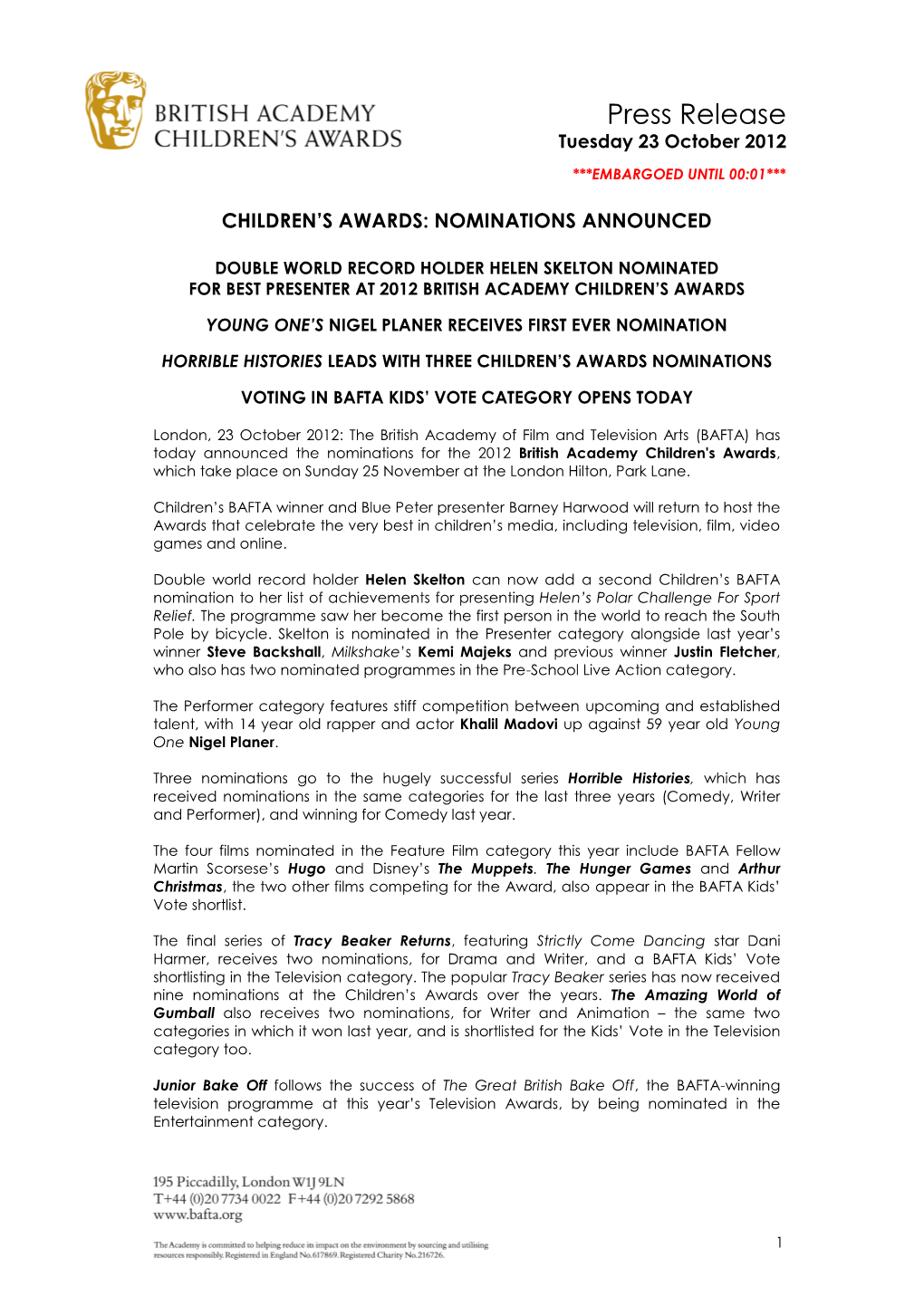 Press Release Tuesday 23 October 2012