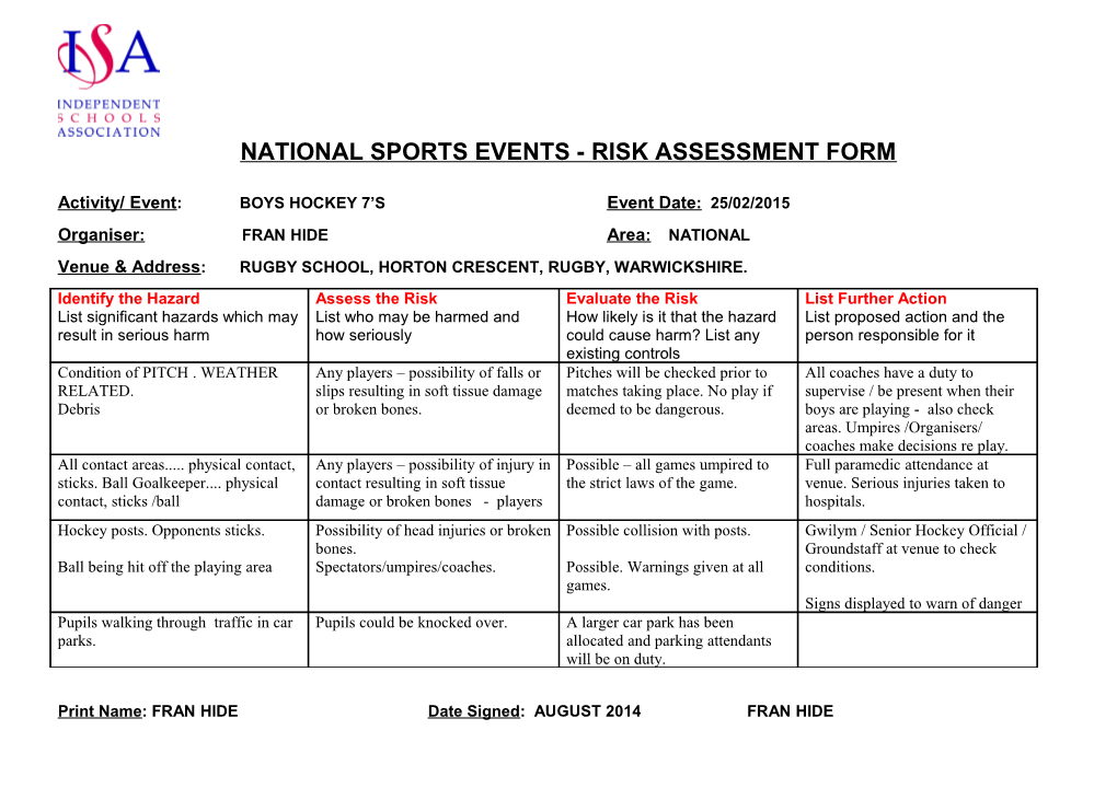 Mostyn House School Risk Assessment Form