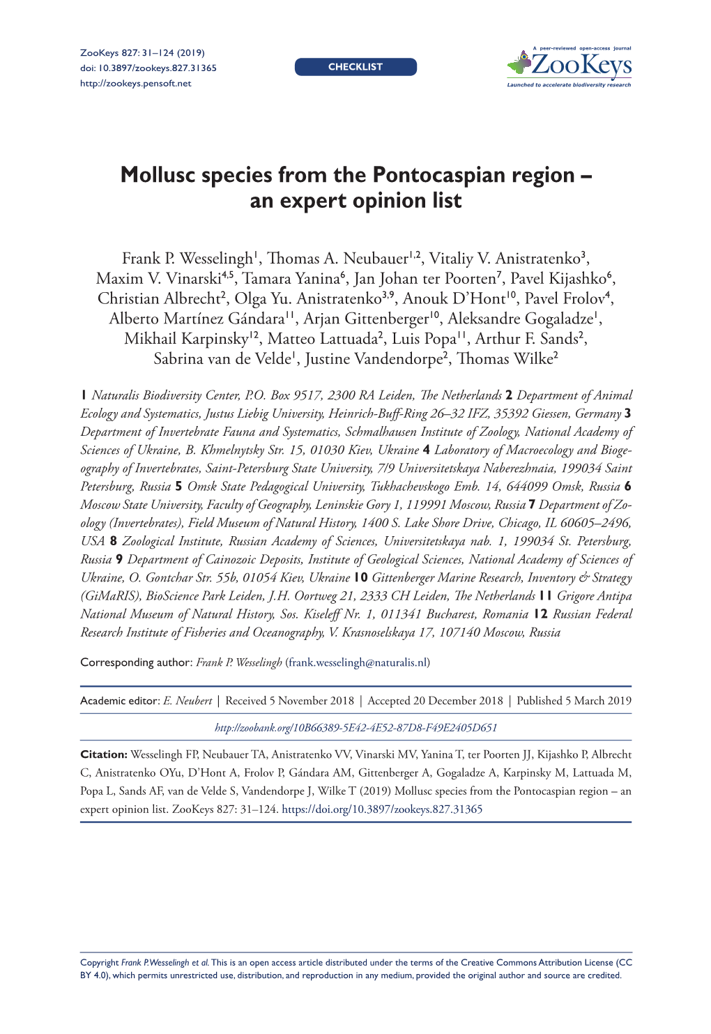 Mollusc Species from the Pontocaspian Region – an Expert Opinion List