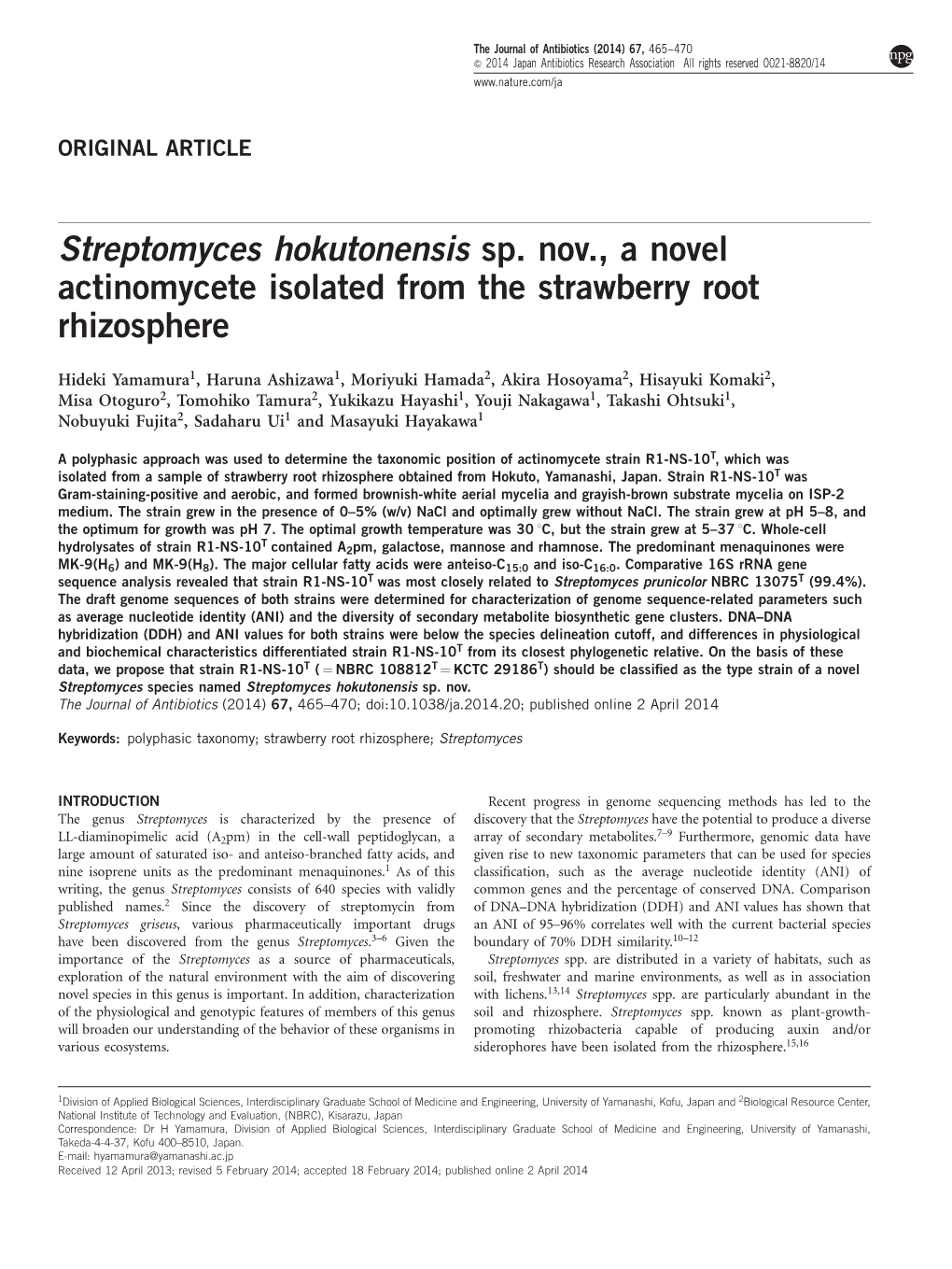 Streptomyces Hokutonensis Sp. Nov., a Novel Actinomycete Isolated from the Strawberry Root Rhizosphere