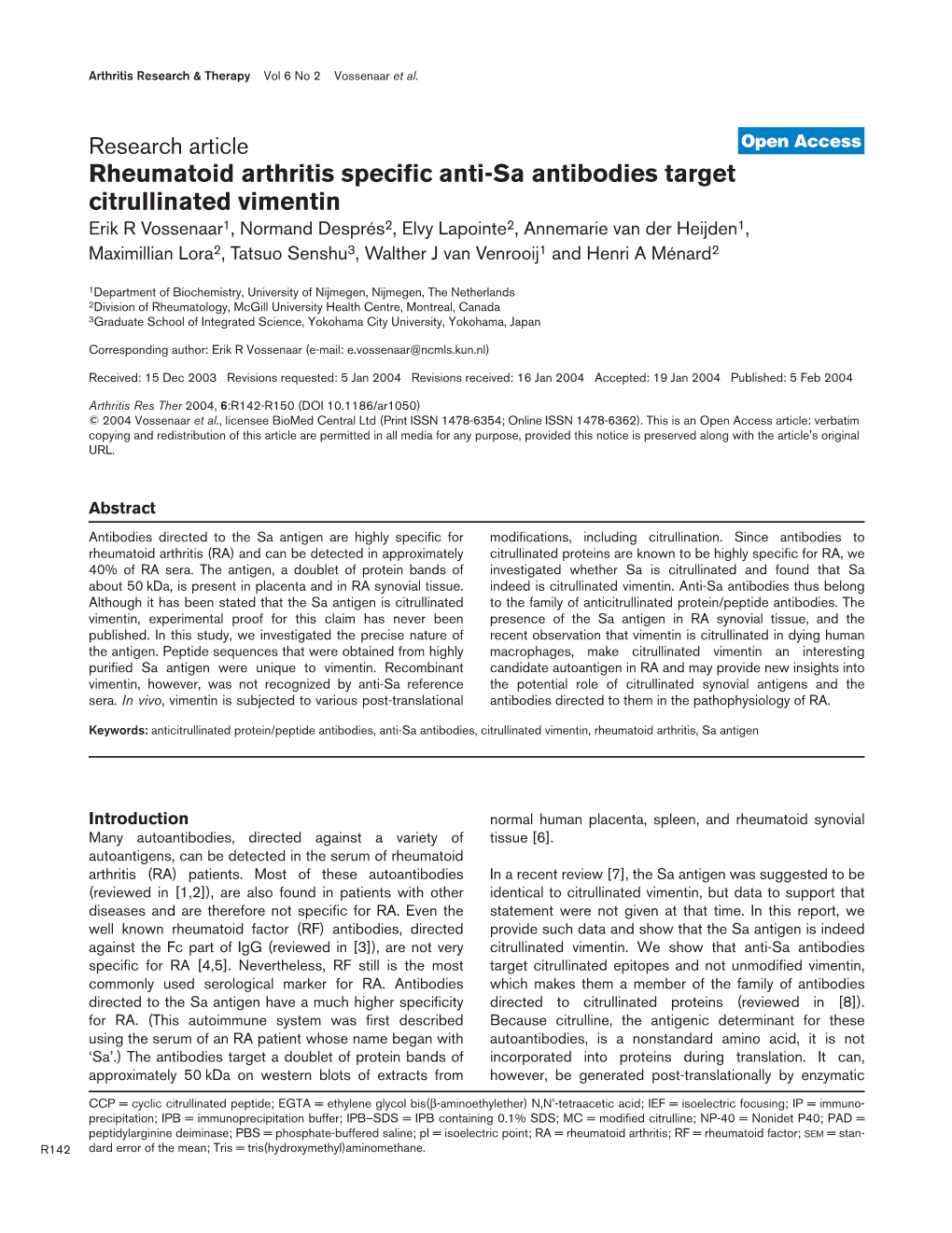 Rheumatoid Arthritis Specific Anti-Sa Antibodies Target Citrullinated Vimentin