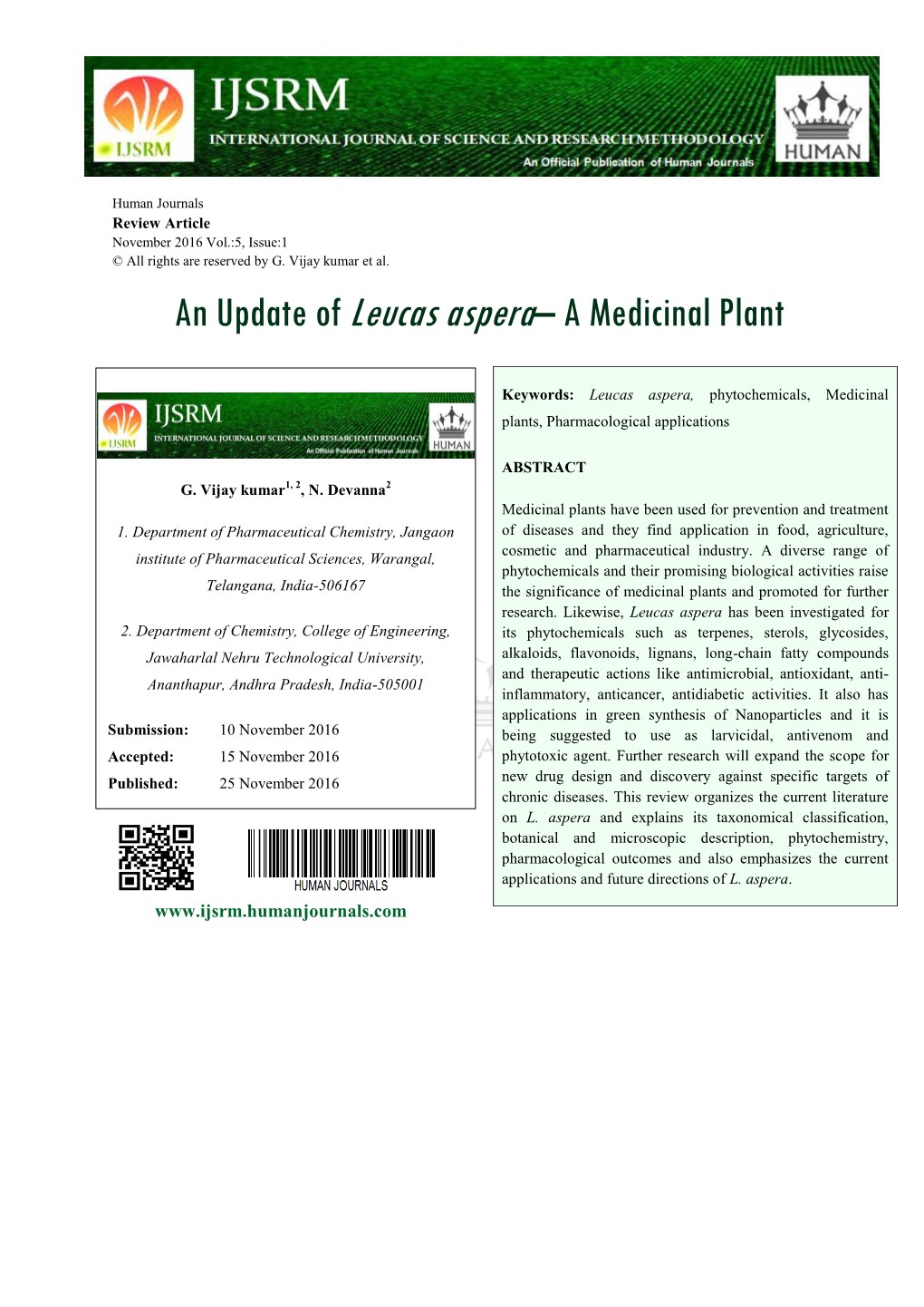 An Update of Leucas Aspera– a Medicinal Plant