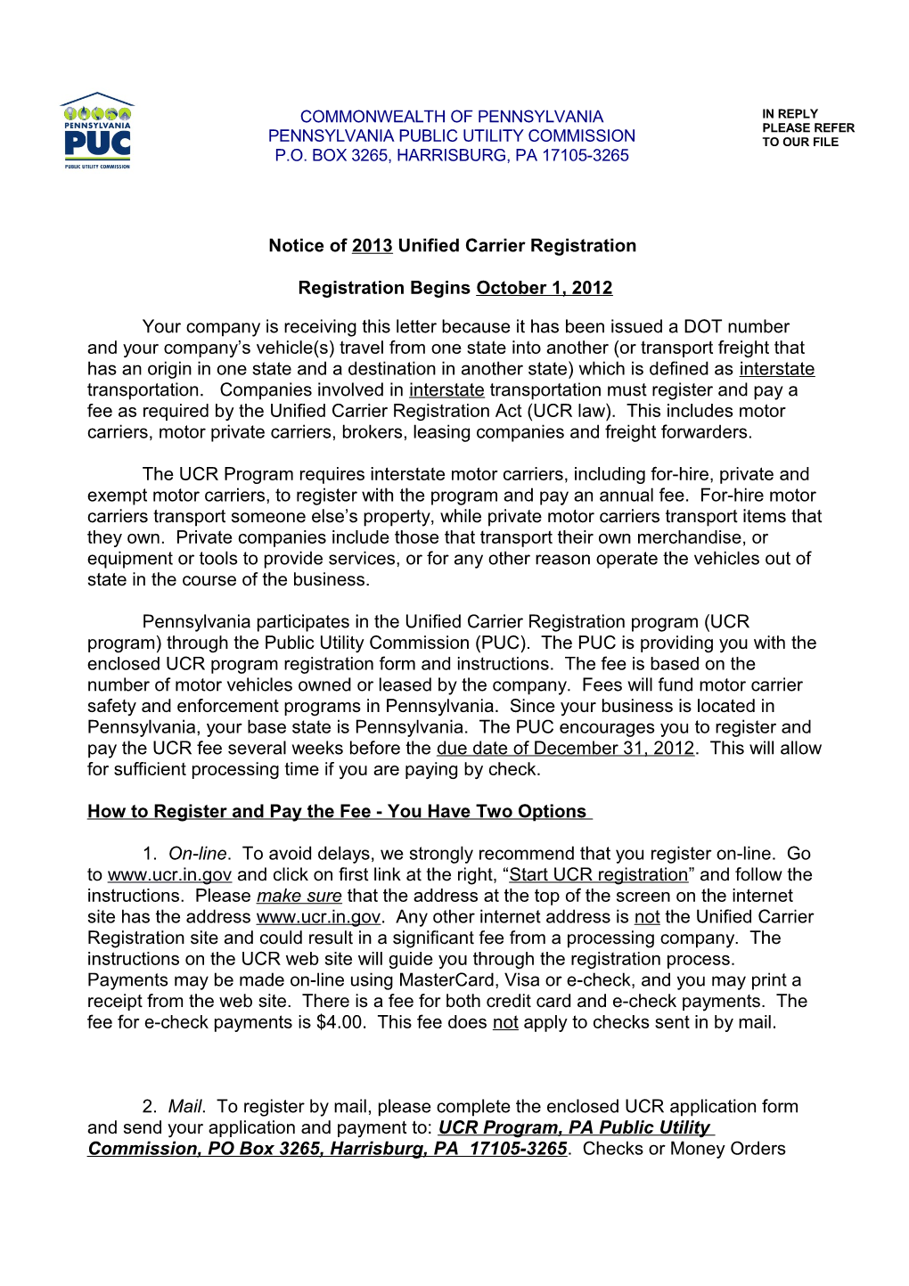 Notice of 2013 Unified Carrier Registration