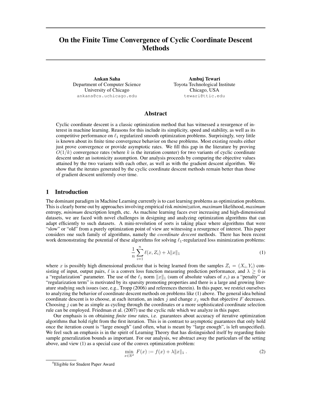 On the Finite Time Convergence of Cyclic Coordinate Descent Methods