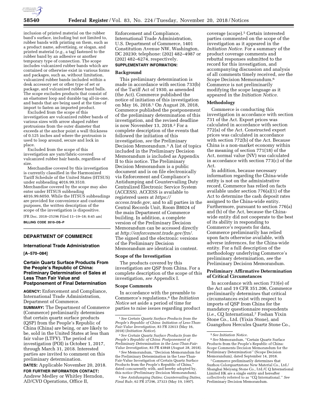 Federal Register/Vol. 83, No. 224/Tuesday, November 20, 2018/Notices