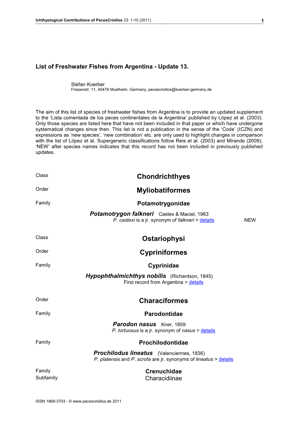 List of Freshwater Fishes from Argentina - Update 13