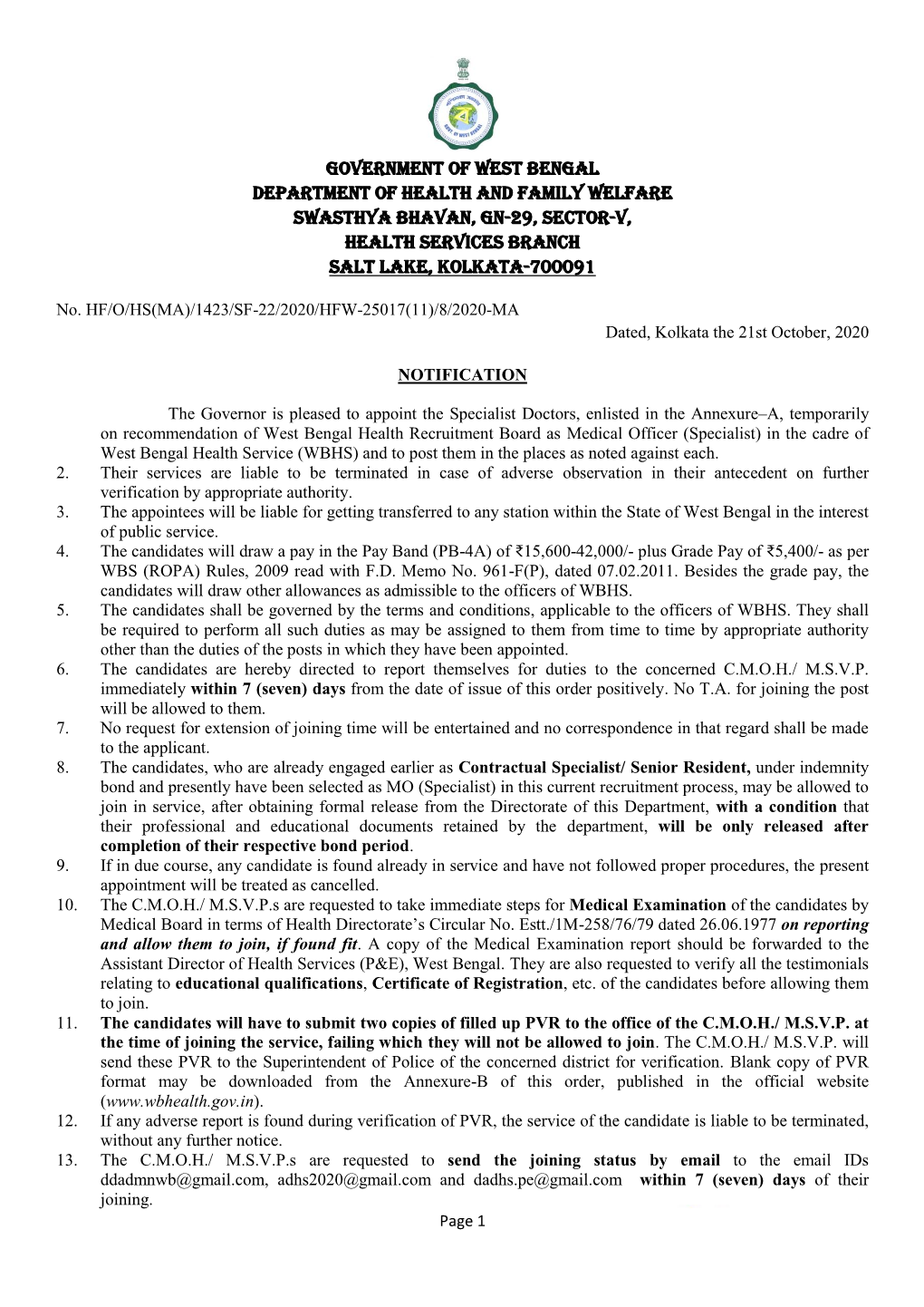 Government of West Bengal Department of Health and Family Welfare Swasthya Bhavan, GN-29, Sector-V, Health Services Branch Salt Lake, Kolkata-700091