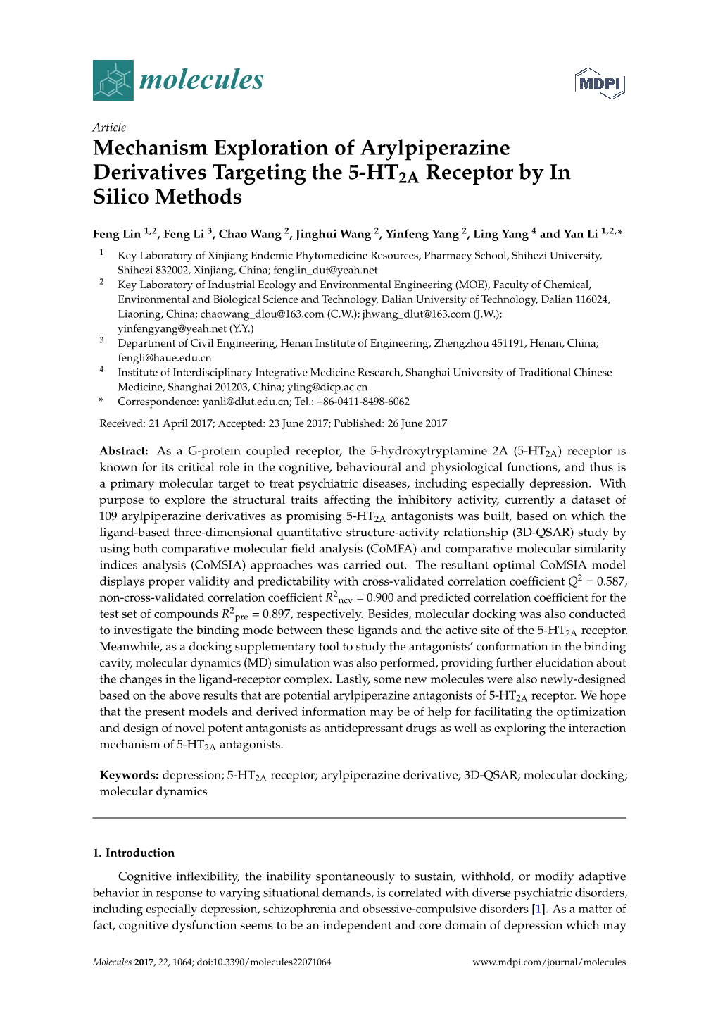 Mechanism Exploration of Arylpiperazine Derivatives Targeting the 5-HT2A Receptor by in Silico Methods