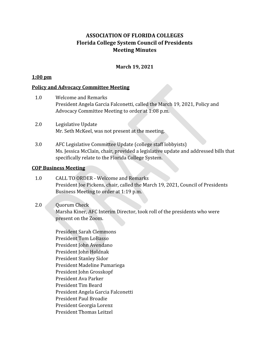 ASSOCIATION of FLORIDA COLLEGES Florida College System Council of Presidents Meeting Minutes