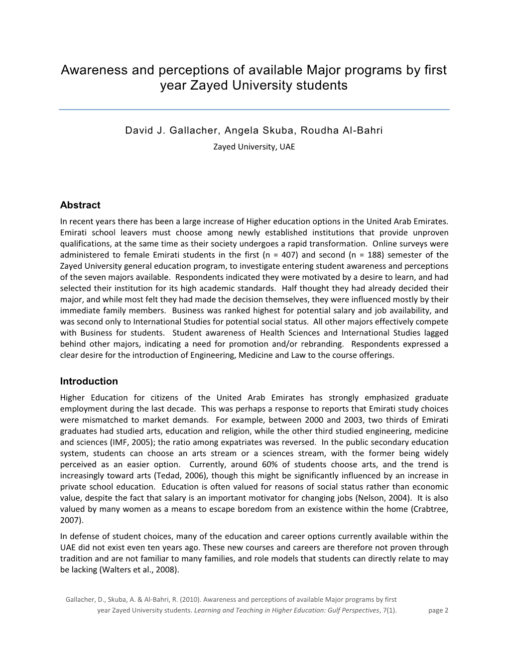 Awareness and Perceptions of Available Major Programs by First Year Zayed University Students