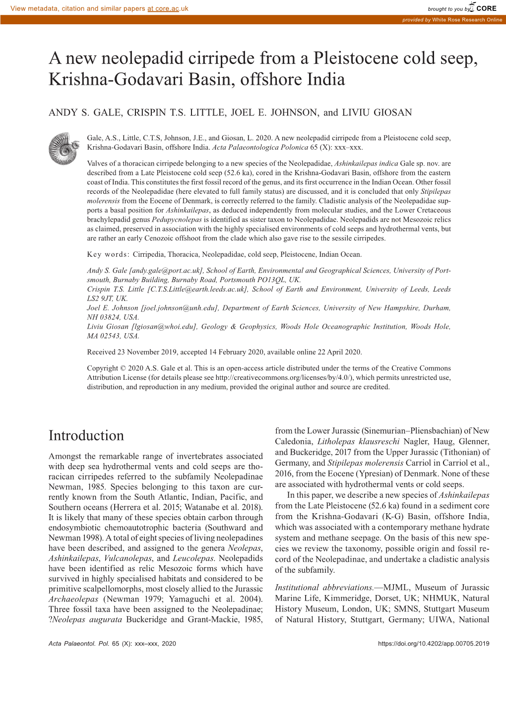 A New Neolepadid Cirripede from a Pleistocene Cold Seep, Krishna-Godavari Basin, Offshore India