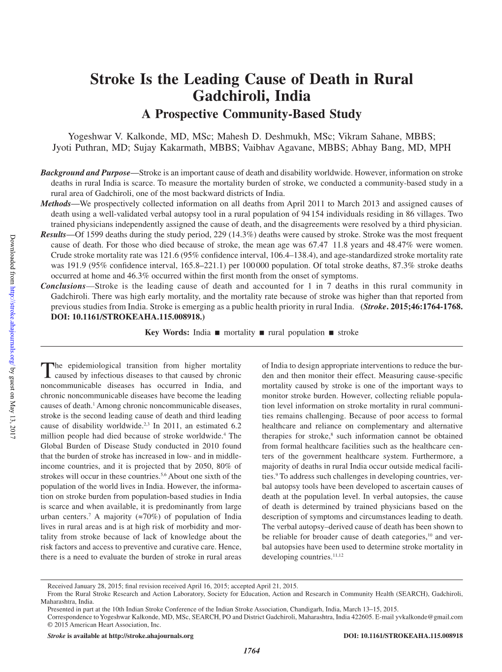 Stroke Is the Leading Cause of Death in Rural Gadchiroli, India a Prospective Community-Based Study