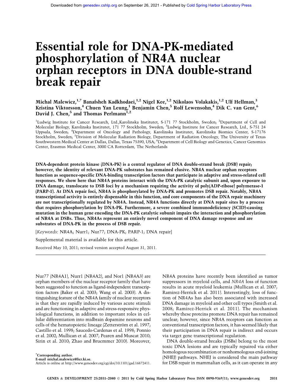 Essential Role for DNA-PK-Mediated Phosphorylation of NR4A Nuclear Orphan Receptors in DNA Double-Strand Break Repair