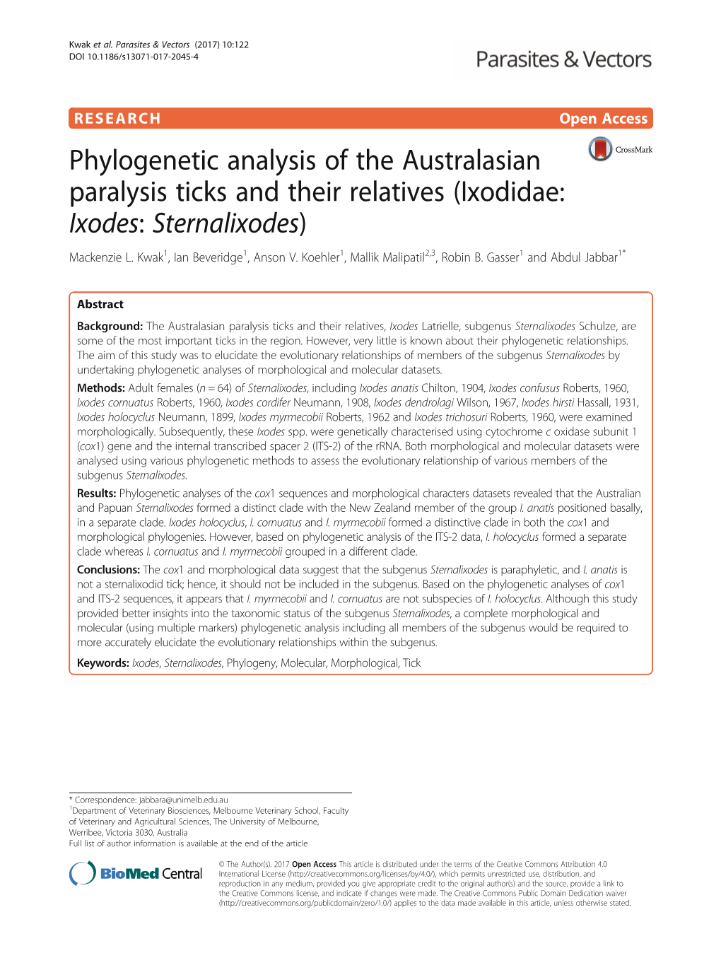 Phylogenetic Analysis of the Australasian Paralysis Ticks and Their Relatives (Ixodidae: Ixodes: Sternalixodes) Mackenzie L