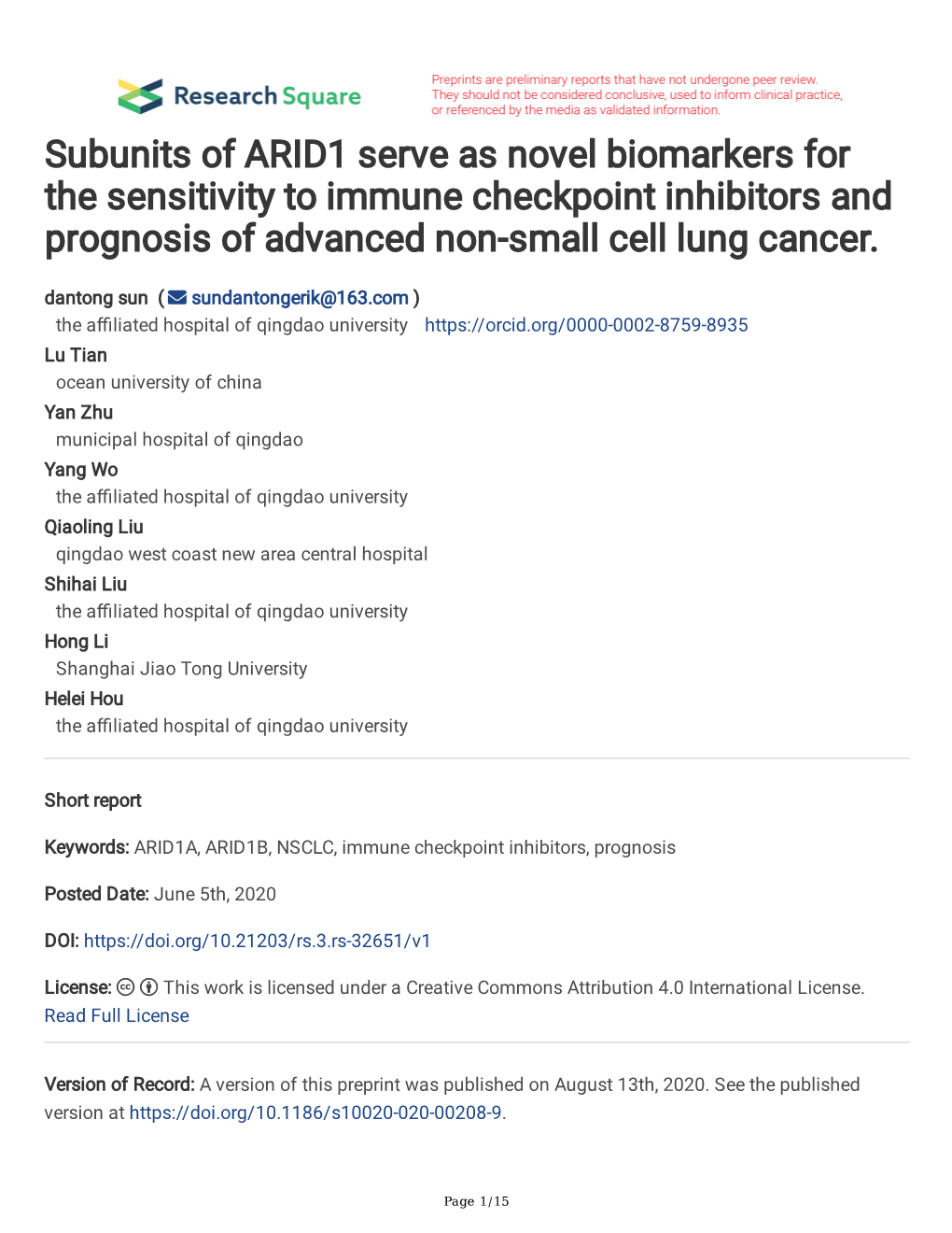 Subunits of ARID1 Serve As Novel Biomarkers for the Sensitivity to Immune Checkpoint Inhibitors and Prognosis of Advanced Non-Small Cell Lung Cancer