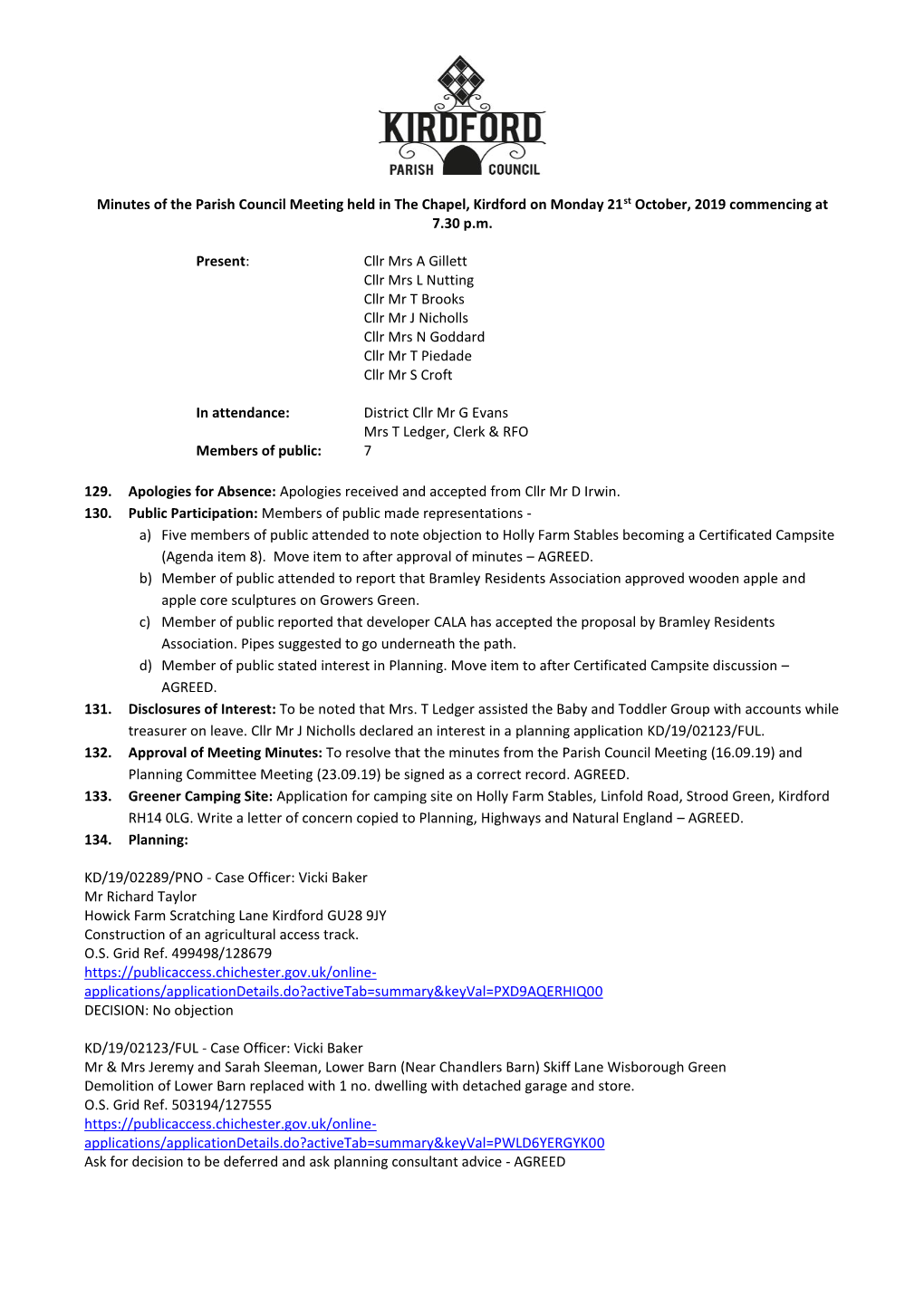 Minutes of the Parish Council Meeting Held in the Chapel, Kirdford on Monday 21St October, 2019 Commencing at 7.30 P.M