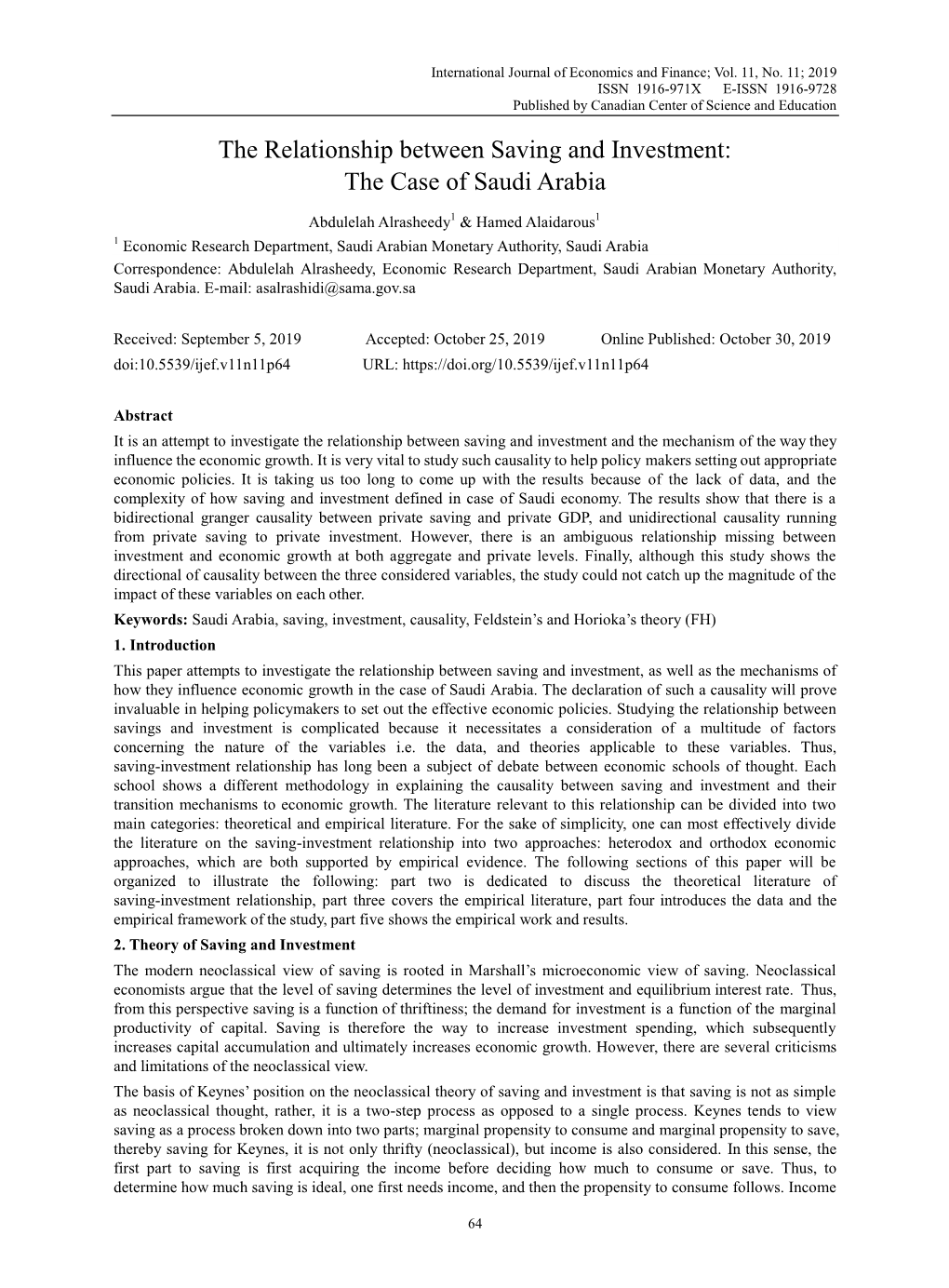 The Relationship Between Saving and Investment: the Case of Saudi Arabia