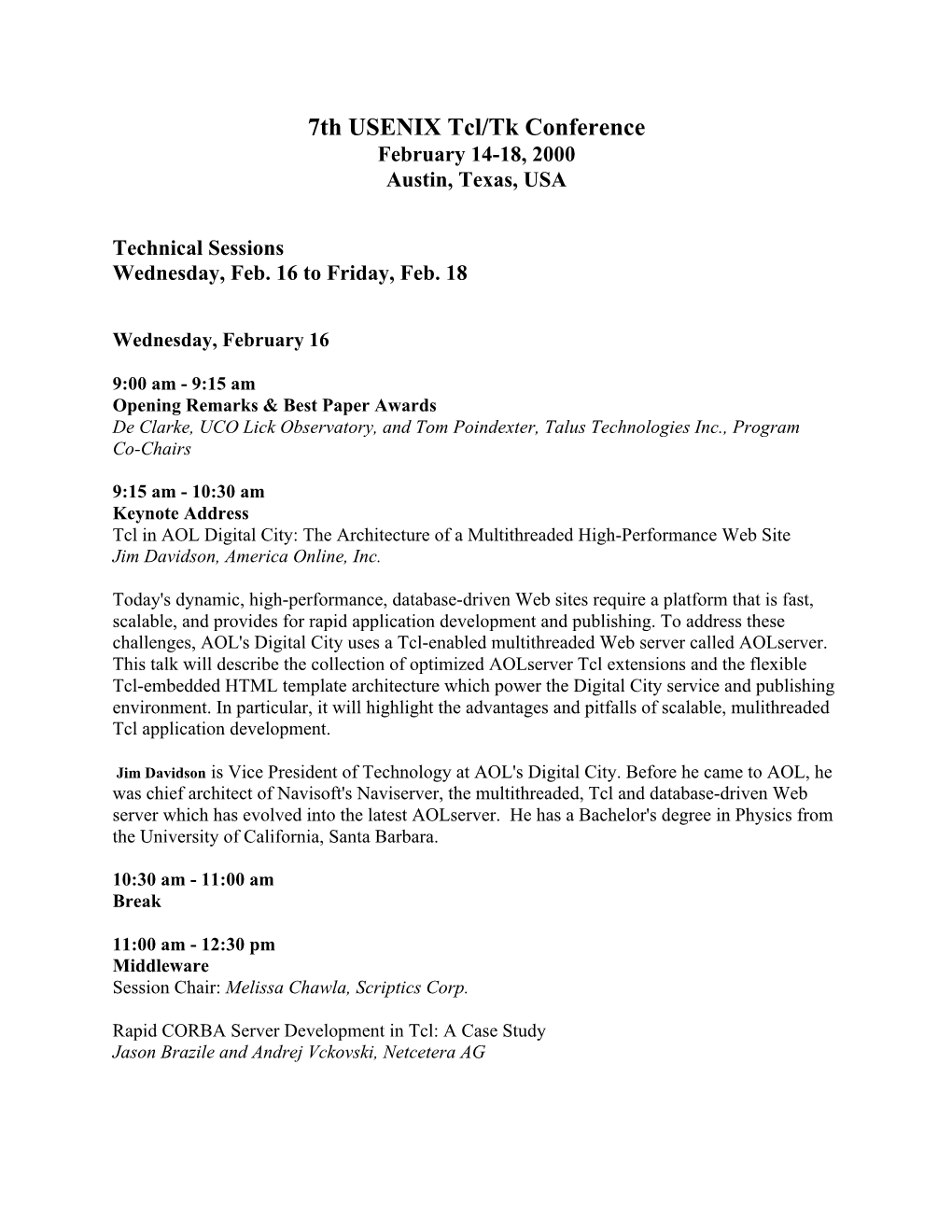 7Th USENIX Tcl/Tk Conference February 14-18, 2000 Austin, Texas, USA