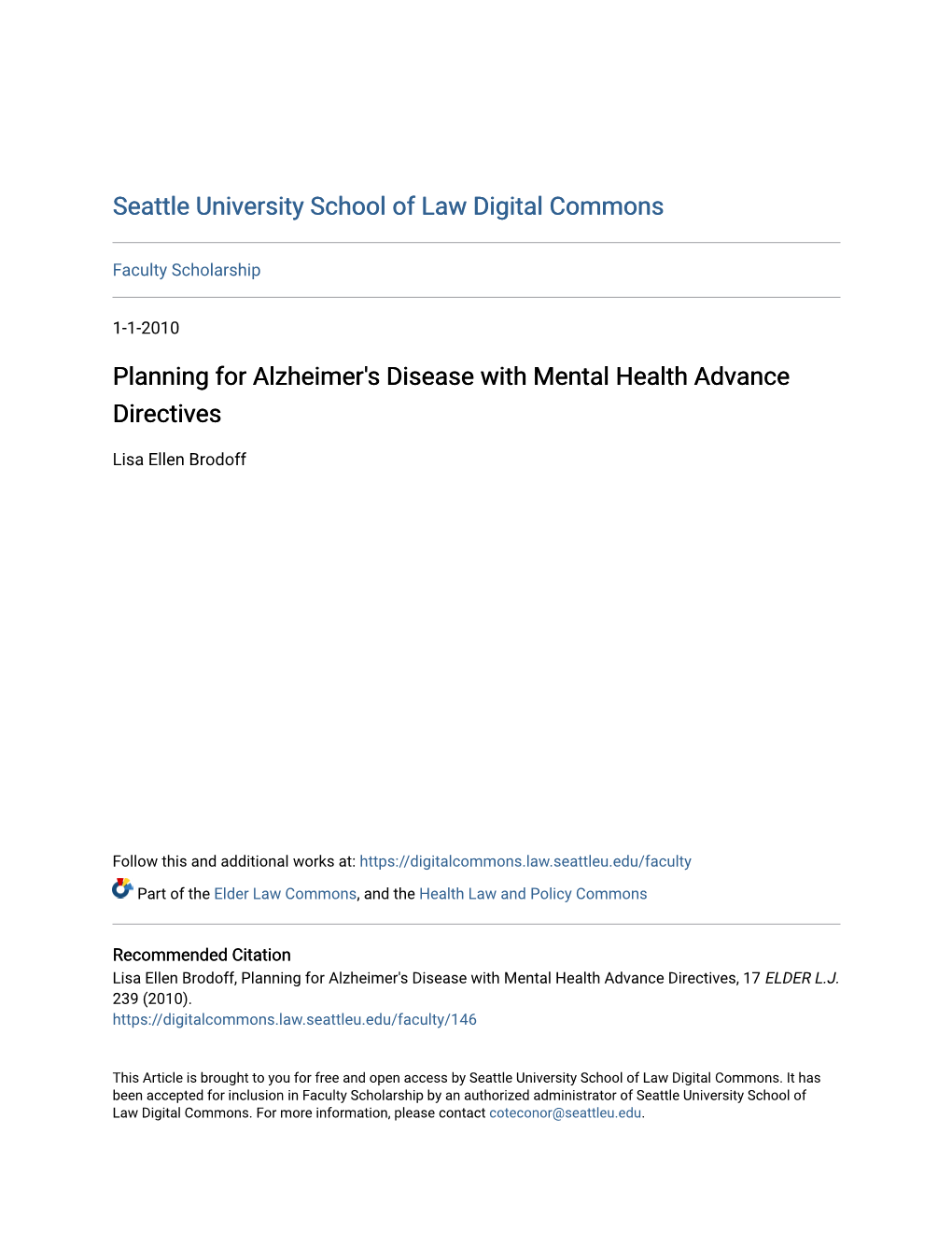 Planning for Alzheimer's Disease with Mental Health Advance Directives