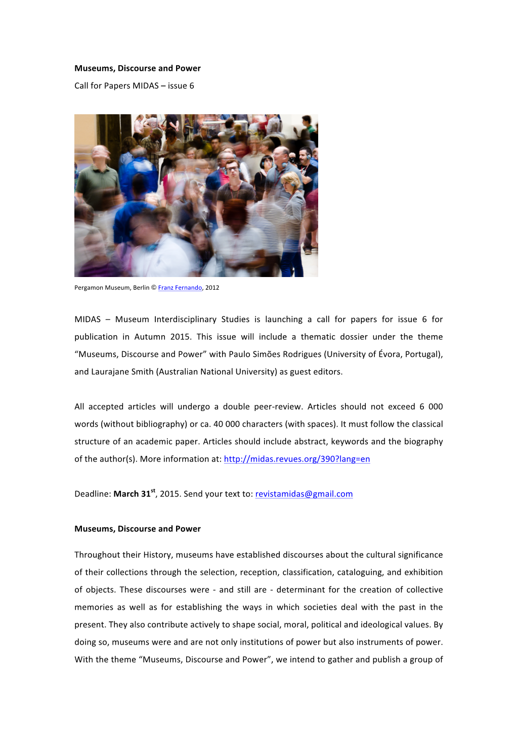 Museums, Discourse and Power Call for Papers MIDAS – Issue 6