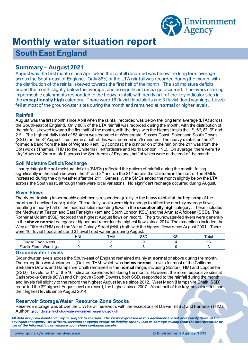 Monthly Water Situation Report South East England