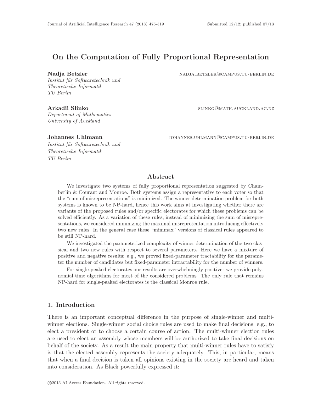 On the Computation of Fully Proportional Representation