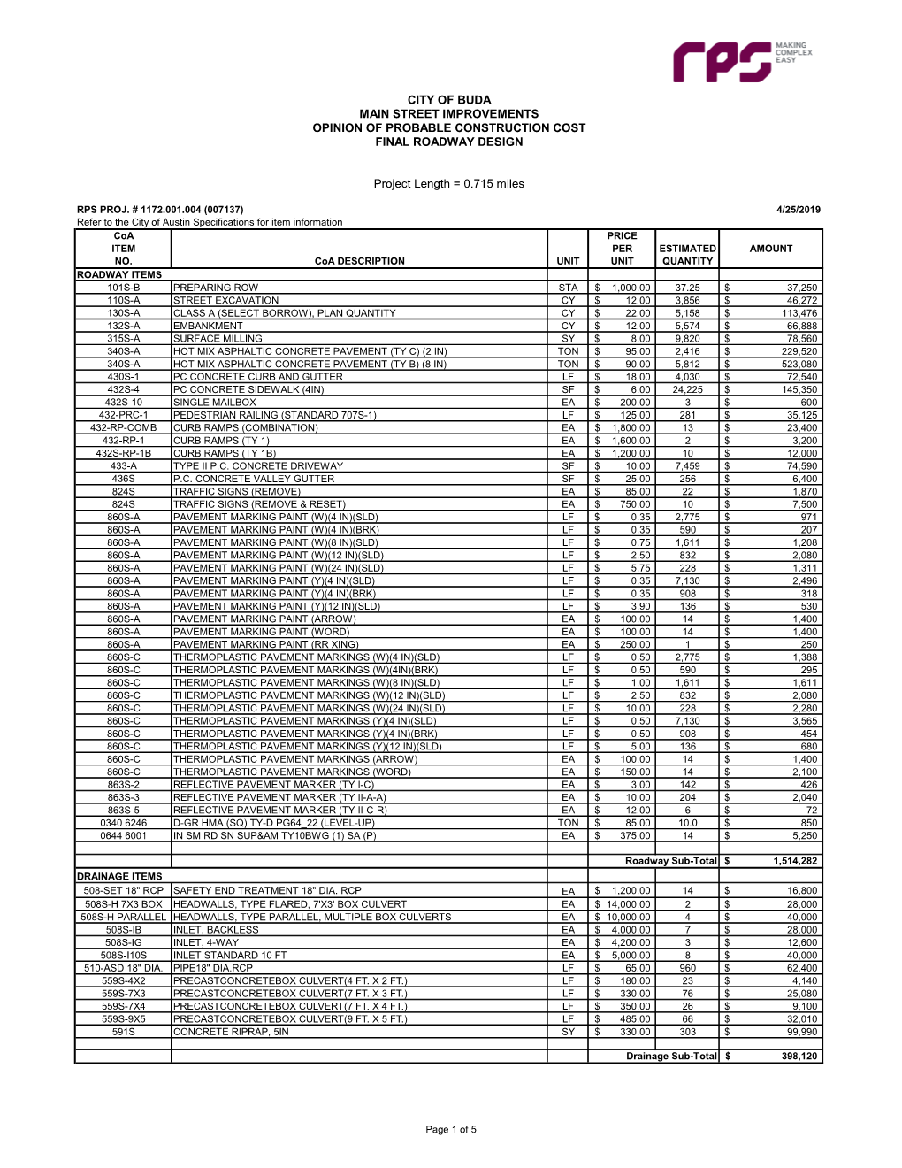 City of Buda Main Street Improvements Opinion of Probable Construction Cost Final Roadway Design