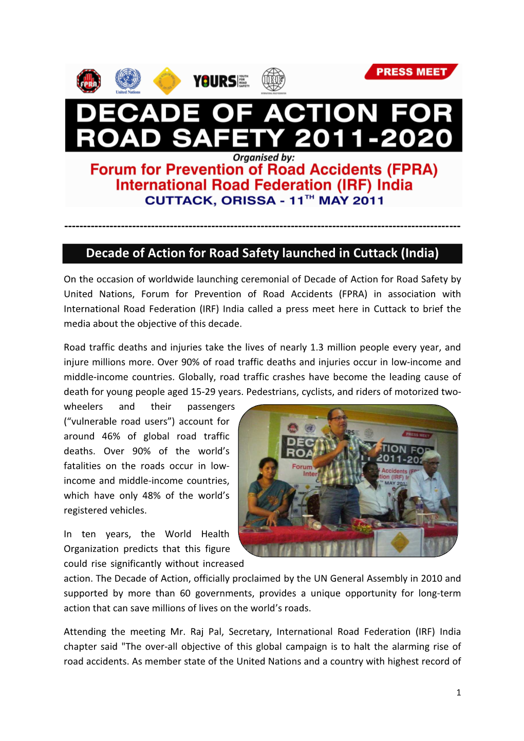 Decade of Action for Road Safety Launched in Cuttack (India)