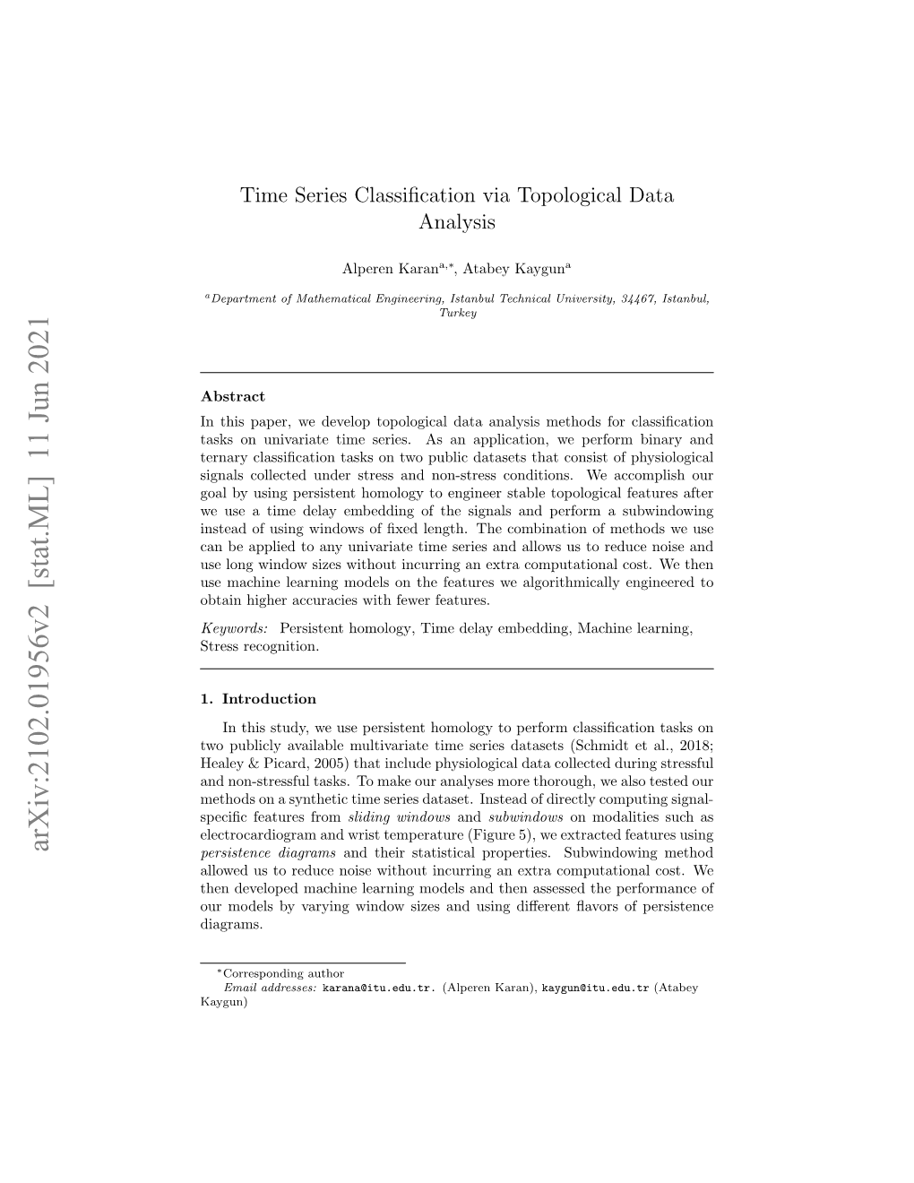Time Series Classification Via Topological Data Analysis