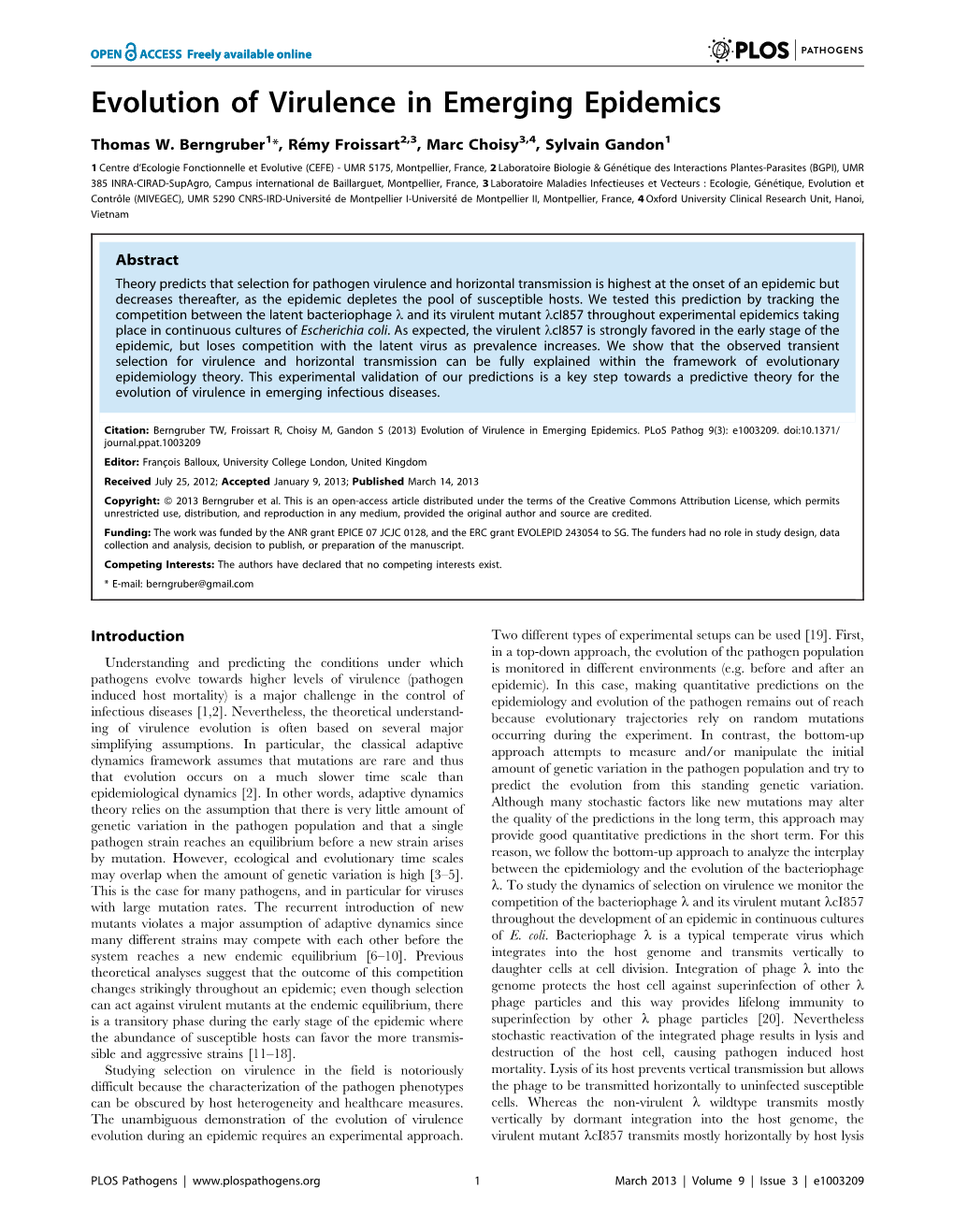 Evolution of Virulence in Emerging Epidemics