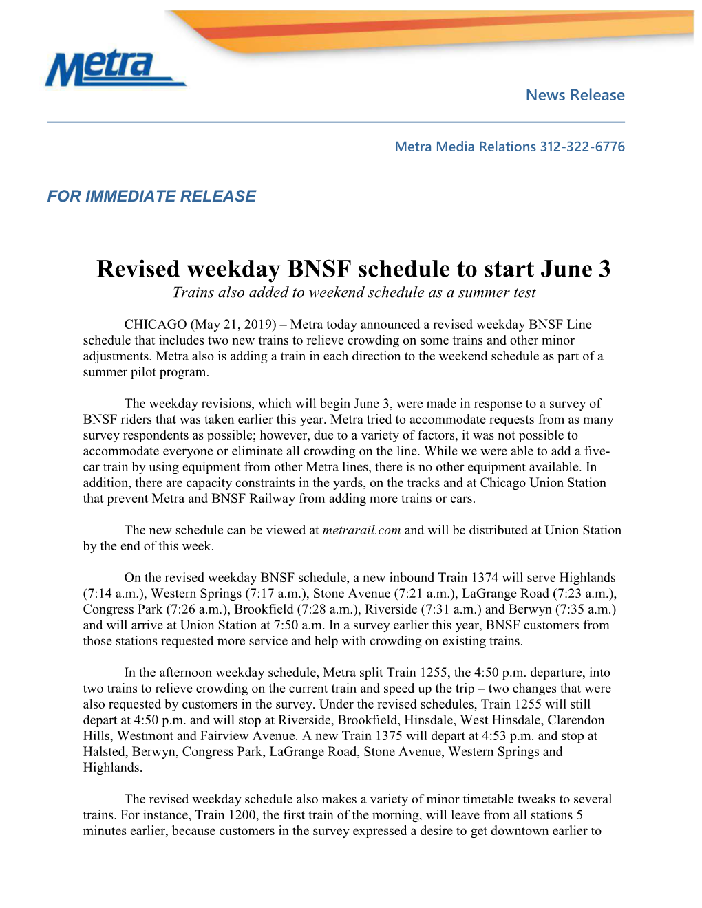 Revised Weekday BNSF Schedule to Start June 3 Trains Also Added to Weekend Schedule As a Summer Test