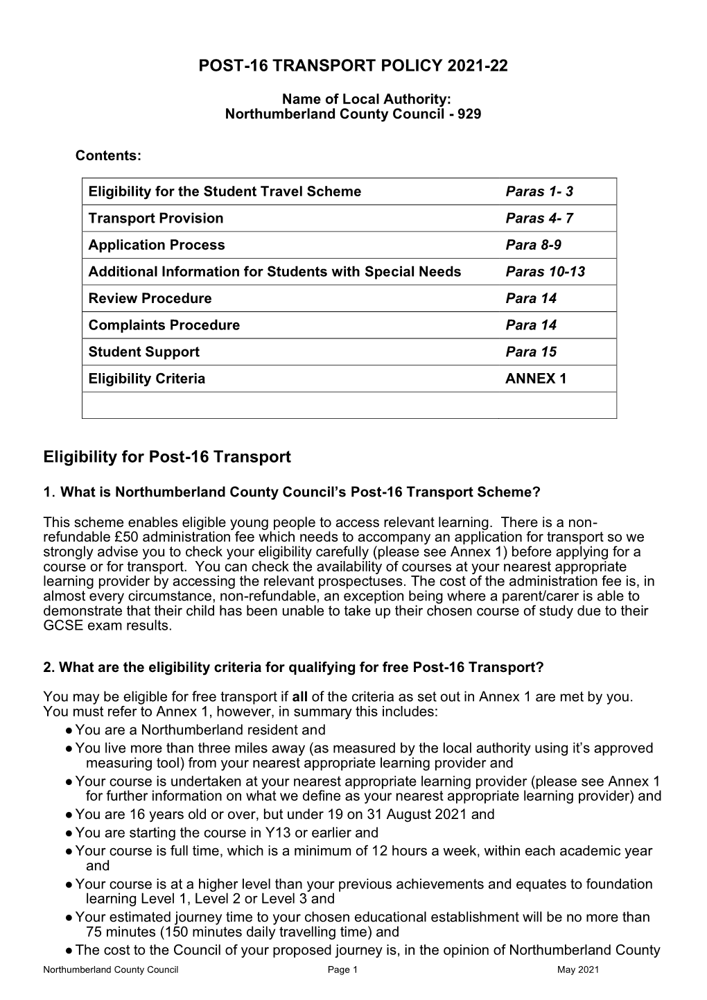Post-16 Transport Policy 2021-22